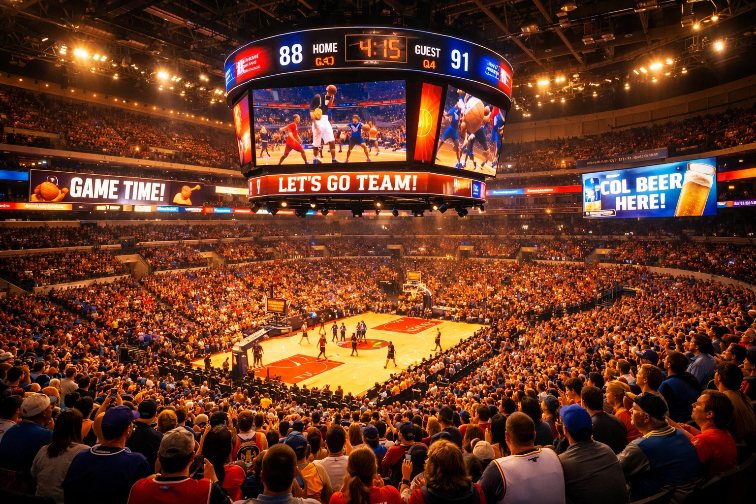 Packed sports stadium with digital LED signage and engaged fans during game