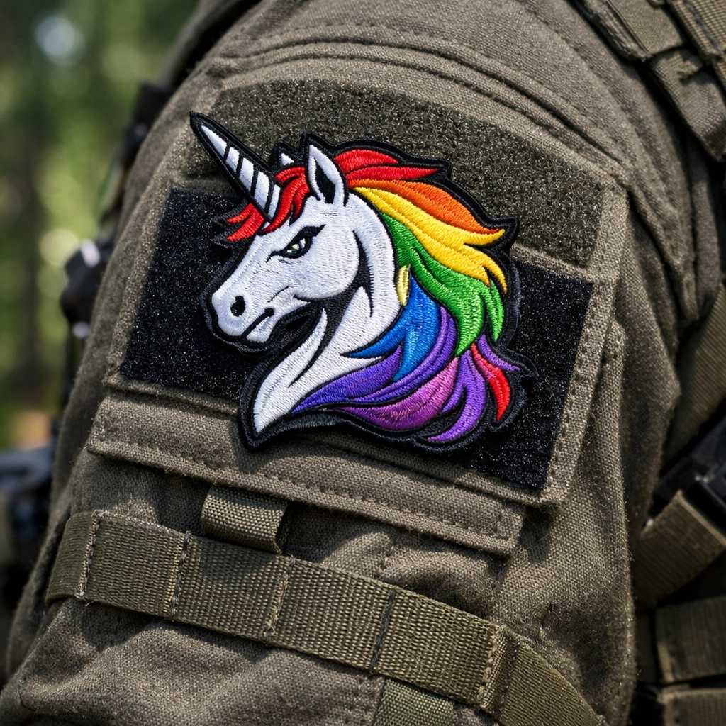 A close-up of a Ukrainian soldier's uniform featuring a rainbow unicorn patch representing queer military visibility.