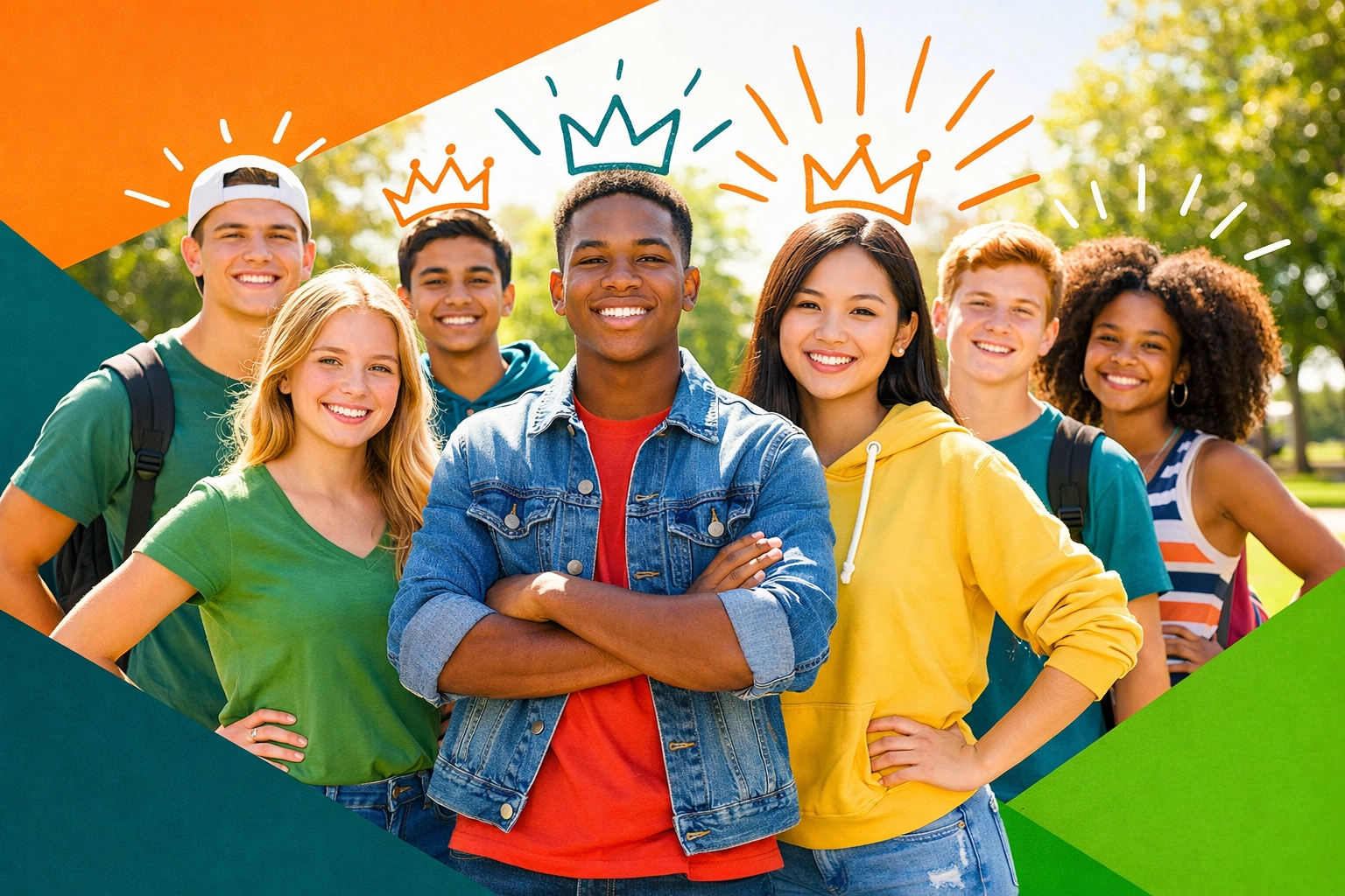 Group of diverse, confident teenagers standing together, empowered with life skills for future success.