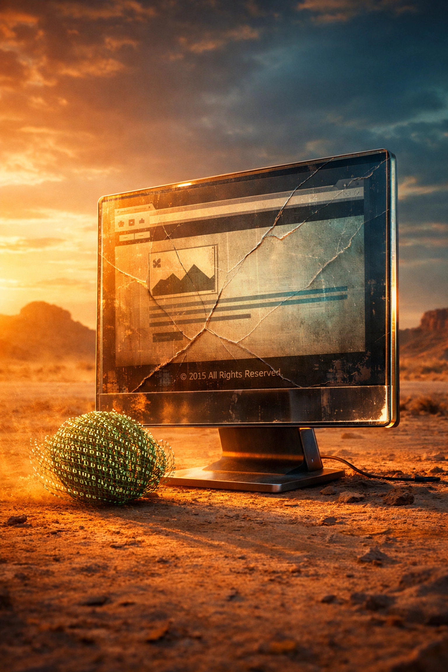 Abandoned website on a cracked screen in a desert, representing the loss of trust from poor website maintenance.