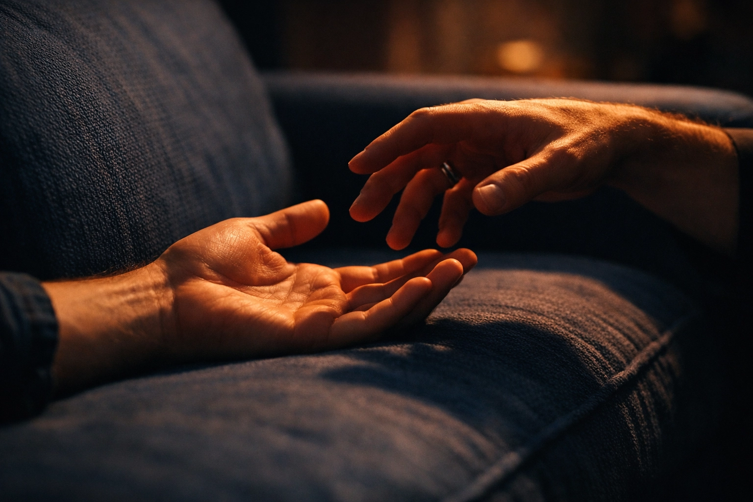 Two men's hands reaching toward each other, capturing the anticipation before first gay intimacy