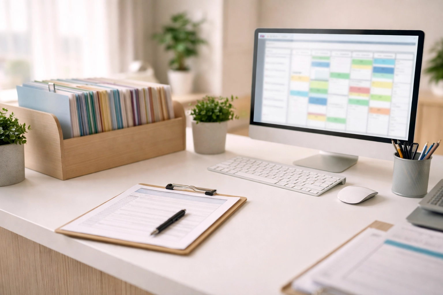 Modern therapy clinic front desk with organized files and scheduling software, illustrating streamlined clinic operations and medical billing efficiency.