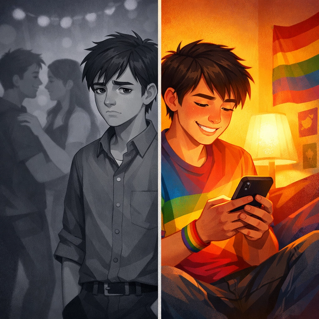 Gay teen struggling with identity showing contrast between public life and private self-discovery