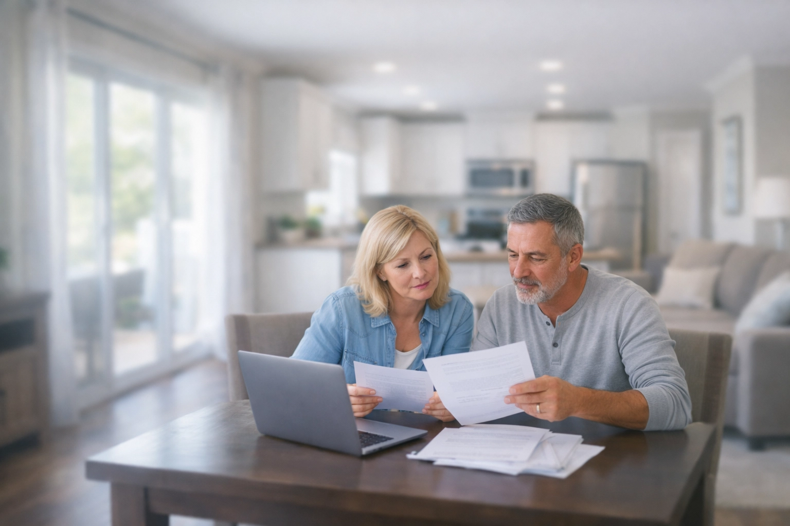 Couple reviewing manufactured home financing paperwork inside modern San Diego home interior