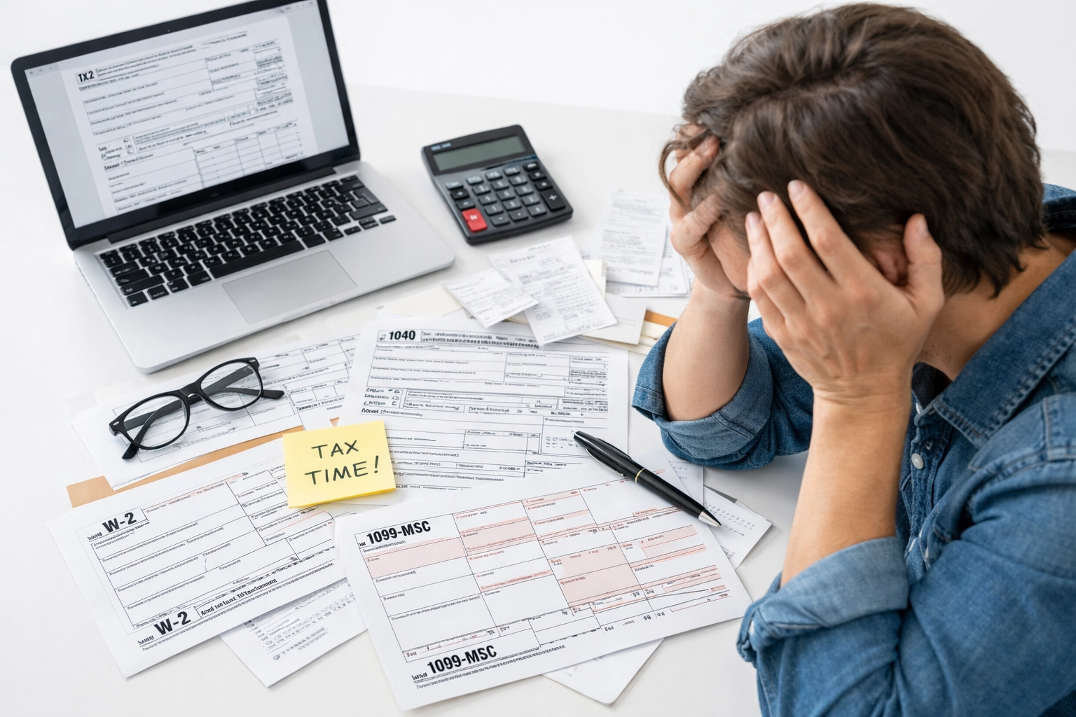 Person reviewing scattered W-2 and 1099 tax forms at desk with laptop and calculator