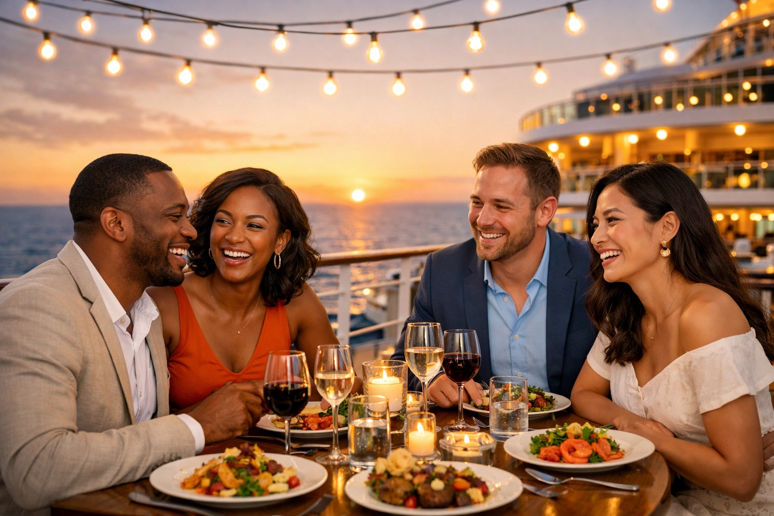 Couples enjoying intimate dinner together on adults only cruise ship at sunset