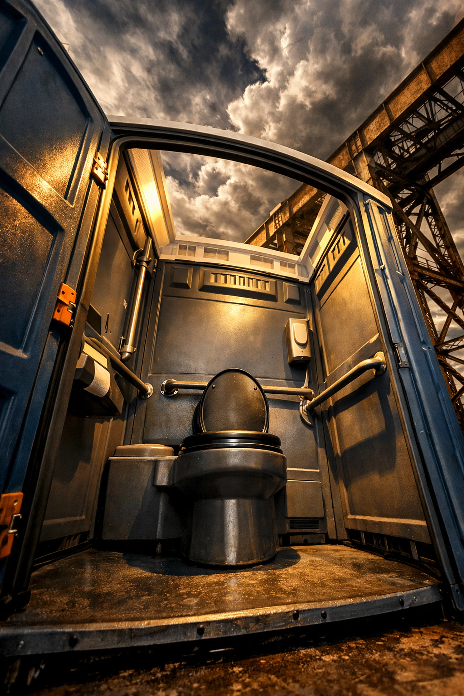 Spacious ADA-compliant portable toilet rental featuring interior grab bars for accessibility in Fort Wayne.