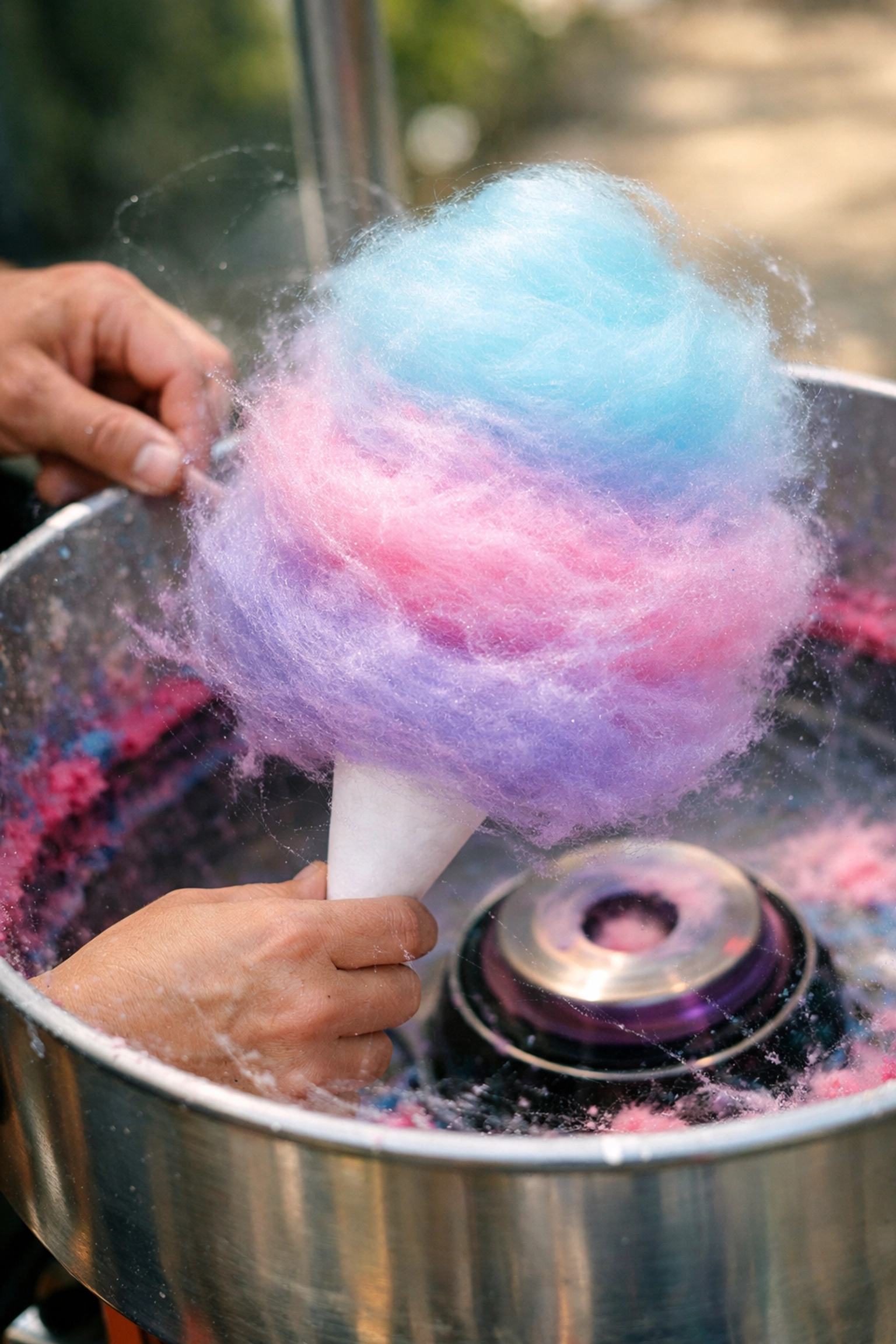 Hands making colorful cotton candy with rental machine for neighborhood gathering