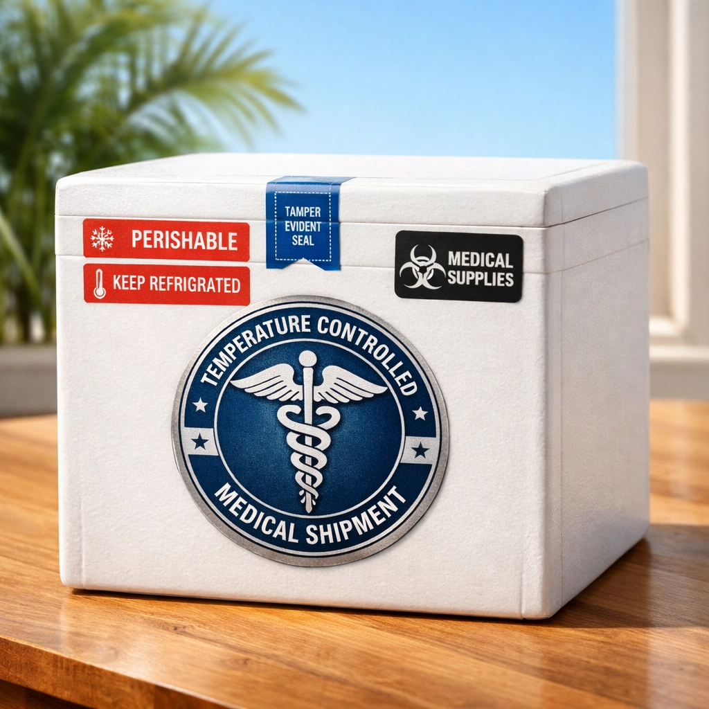 Insulated medical box for cold-chain shipping of tirzepatide to California patients, ensuring medication safety.