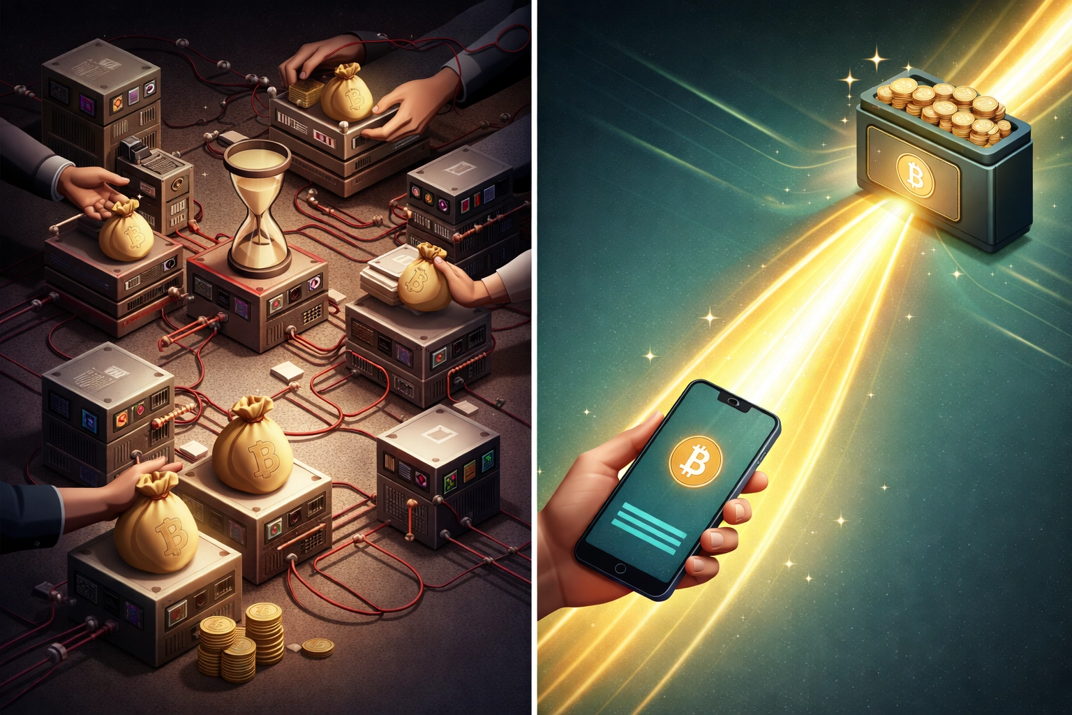 Split-screen showing complex payment processors versus direct merchant crypto payments, illustrating Larecoin's secure and efficient POS system.