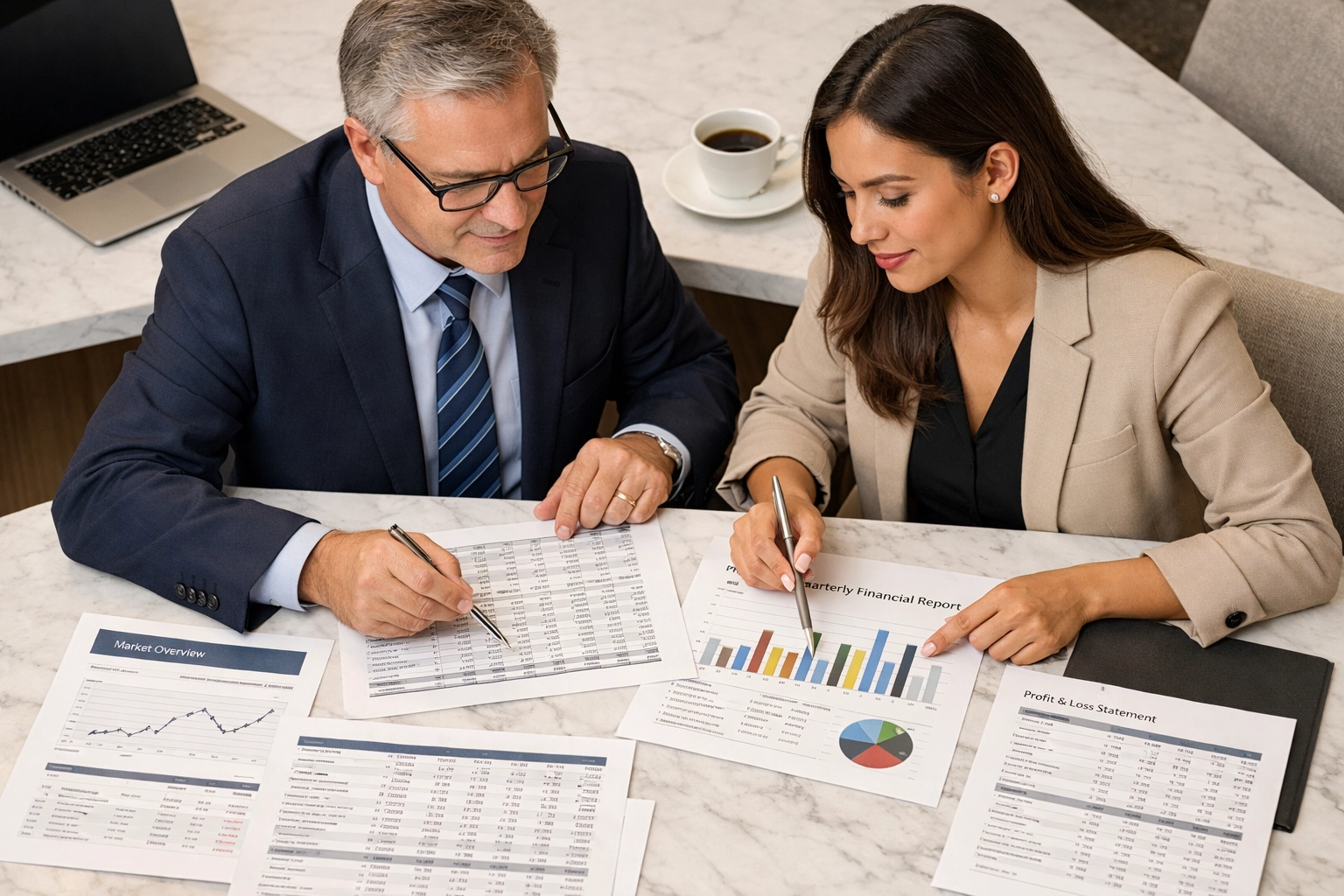 Financial advisors reviewing SECURE 2.0 tax reports and 401k catch-up contribution data at a conference table.