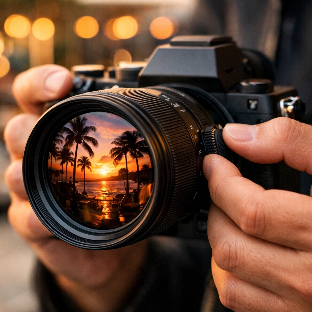 Close-up of a professional mirrorless camera used for high-quality brand photography in Miami at sunset.