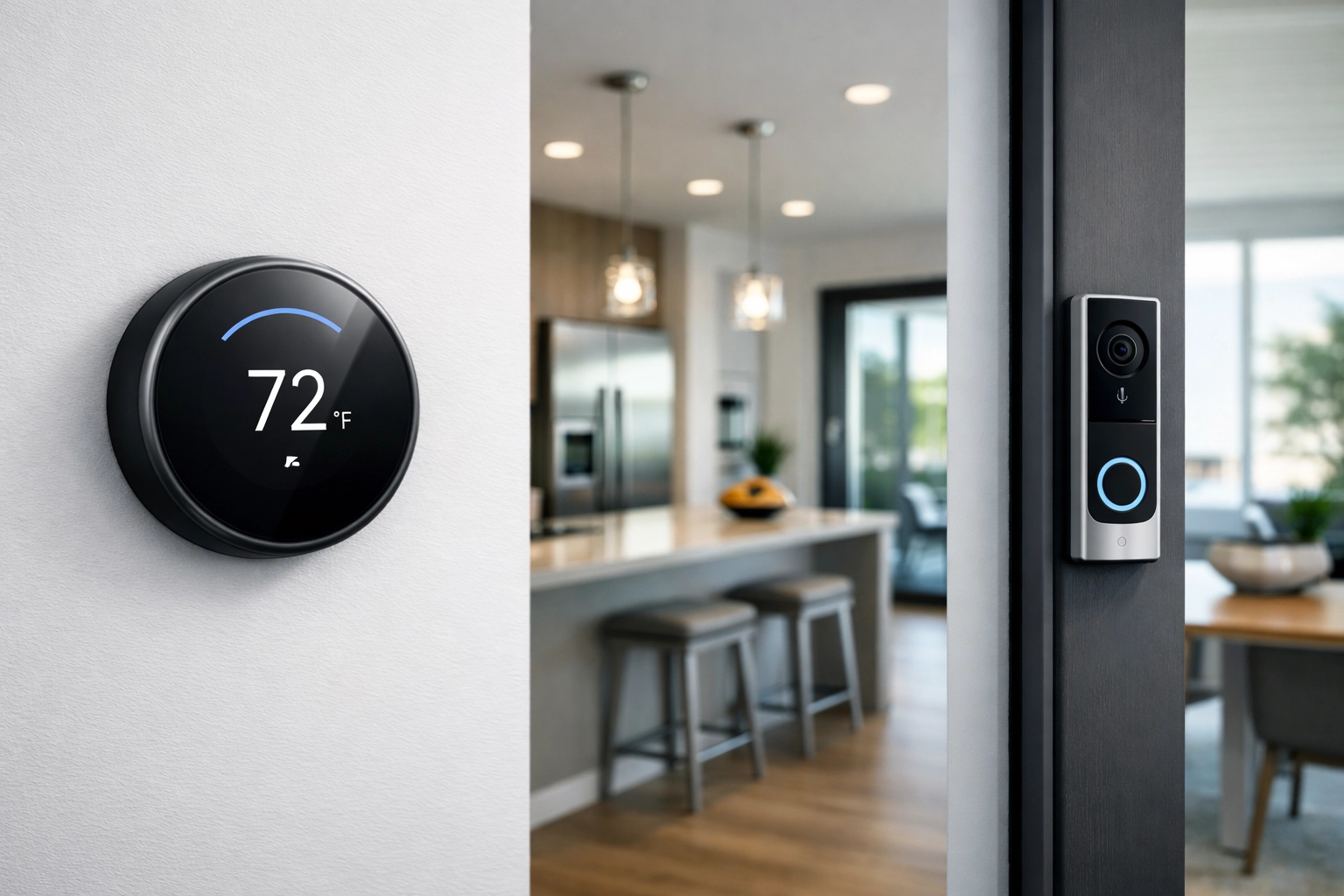 Modern new construction home interior featuring smart thermostat and technology upgrades