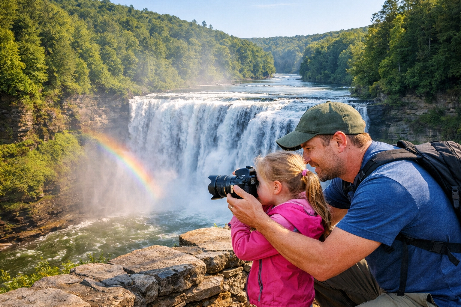 Top 10 Family Travel Activities That Are Actually Fun for Adults Too 1 Father and daughter photographing a waterfall at Letchworth State Park, a top family travel activity.