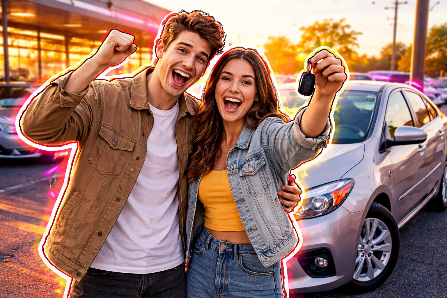 Happy couple with keys beside an affordable used sedan, symbolizing first-time buyers securing budget used cars