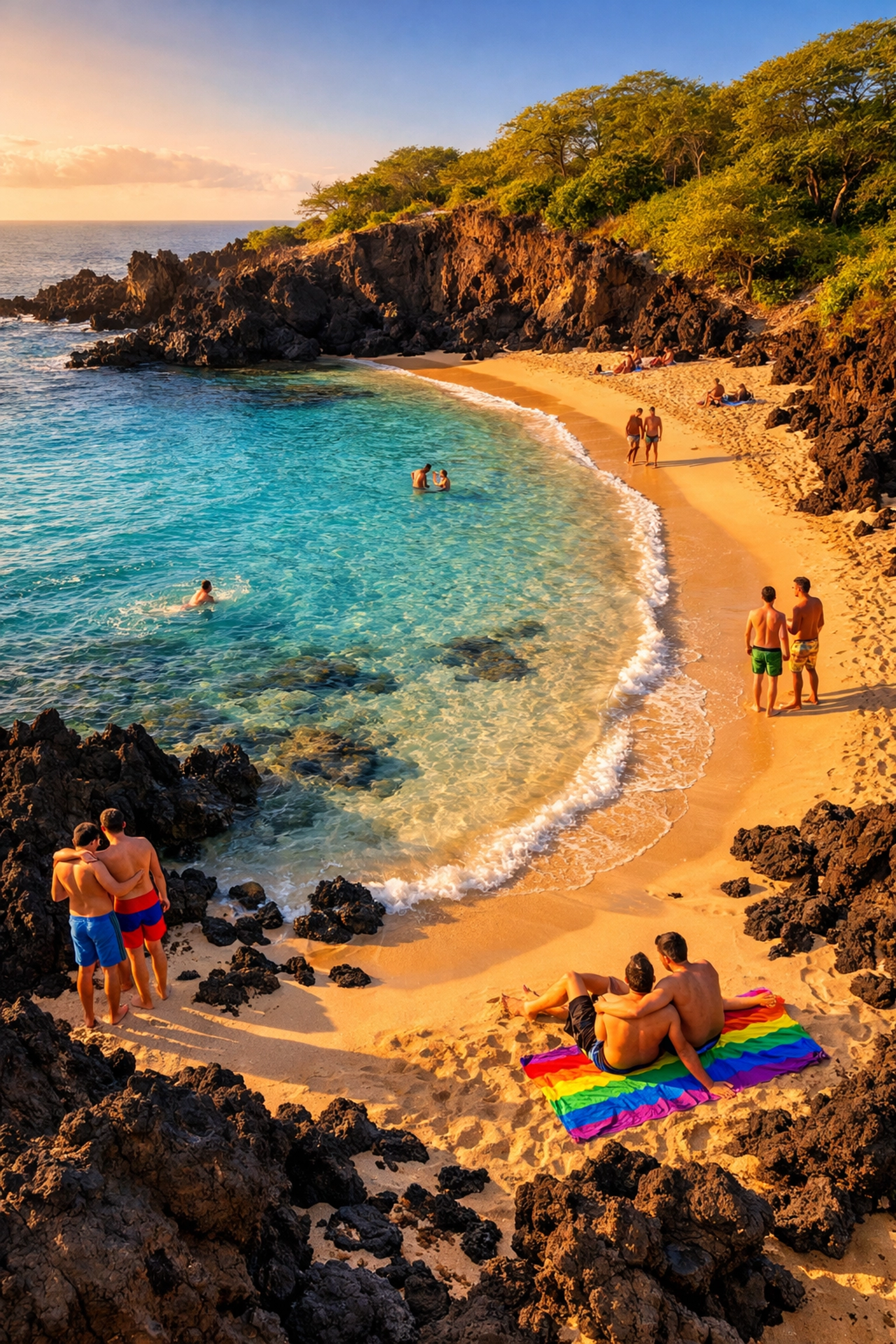 Aerial view of Little Beach Maui - secluded gay-friendly nudist beach with turquoise waters and lava rocks