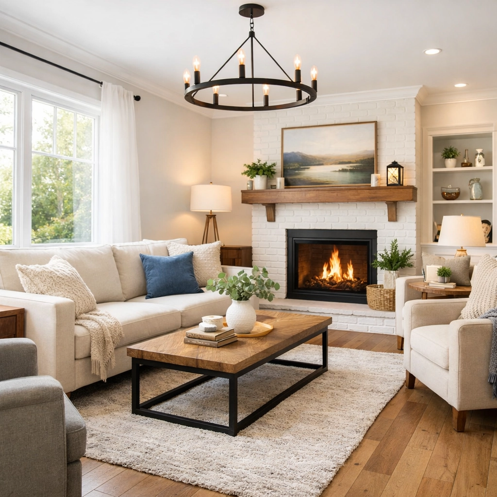 Completed fire reconstruction showing beautifully restored living room in Montgomery County