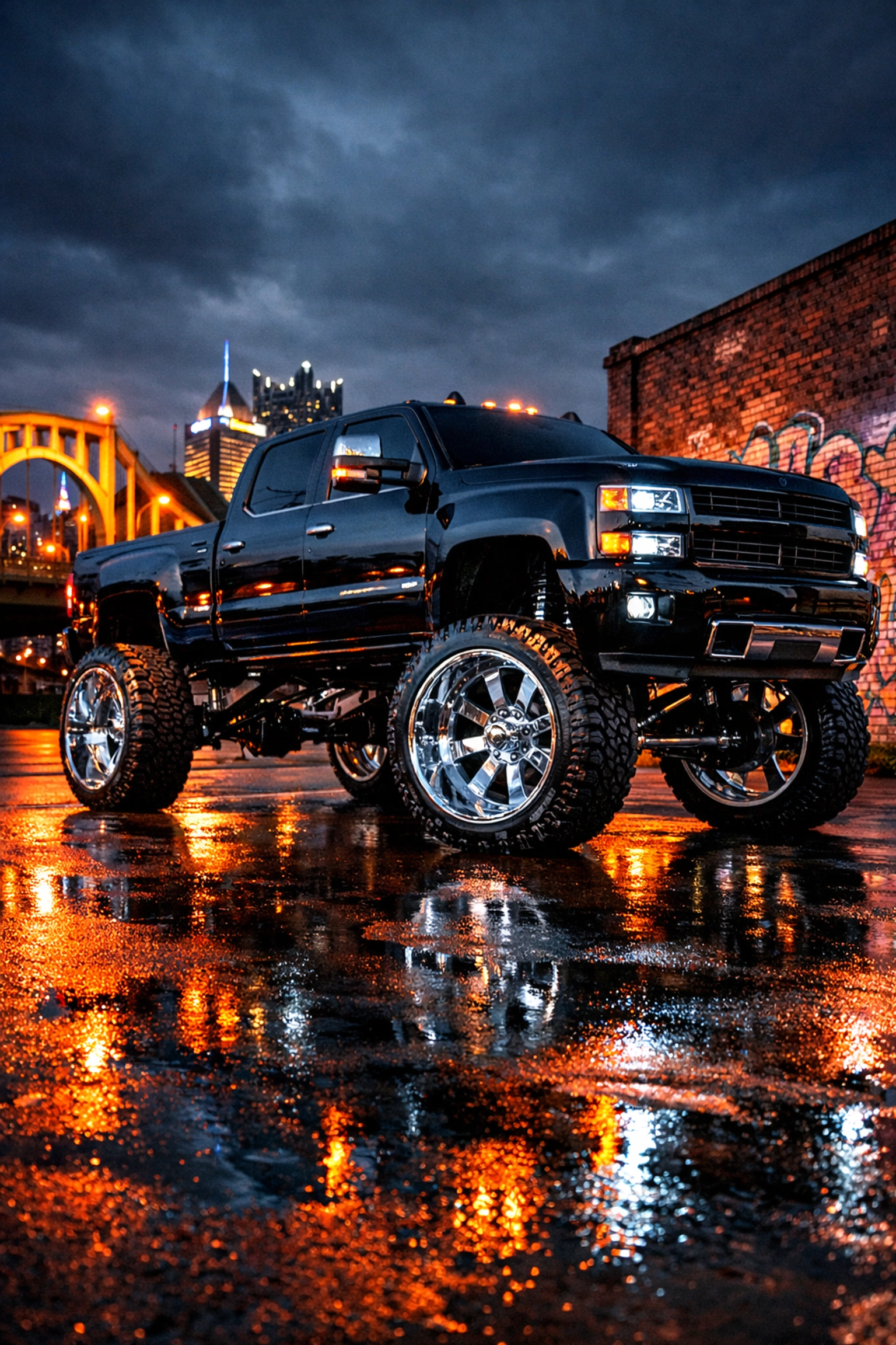 Lifted black truck with chrome wheels and all-terrain tires in Pittsburgh
