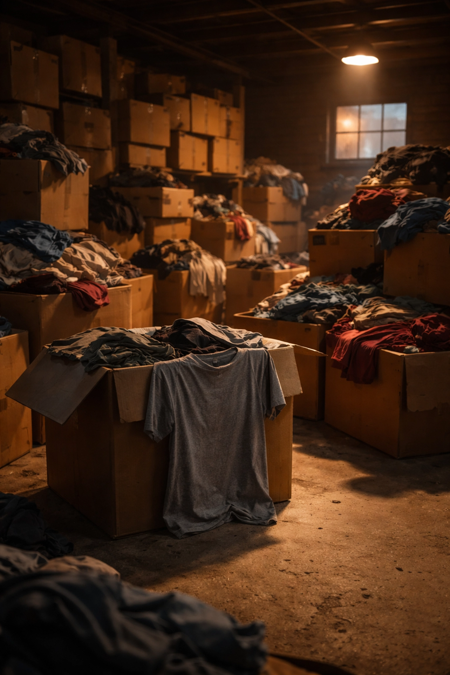 Stacks of unsold t-shirts in a cluttered storage space, illustrating team store inventory waste.