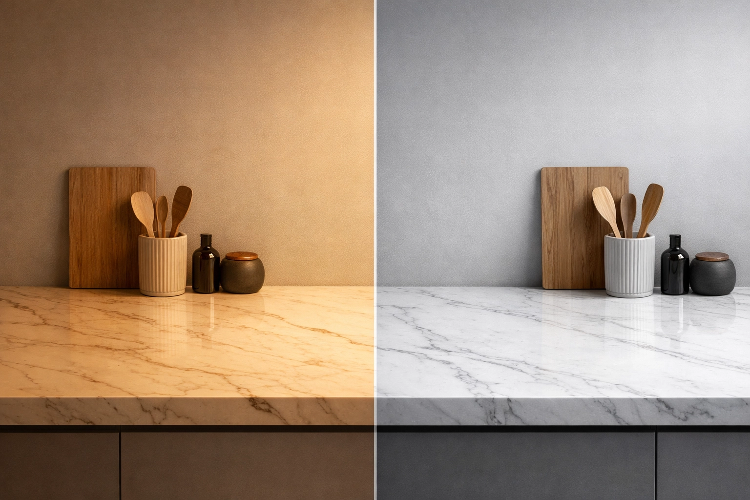 Comparison of 3000K warm white and 4000K neutral white LED lighting on a marble countertop.