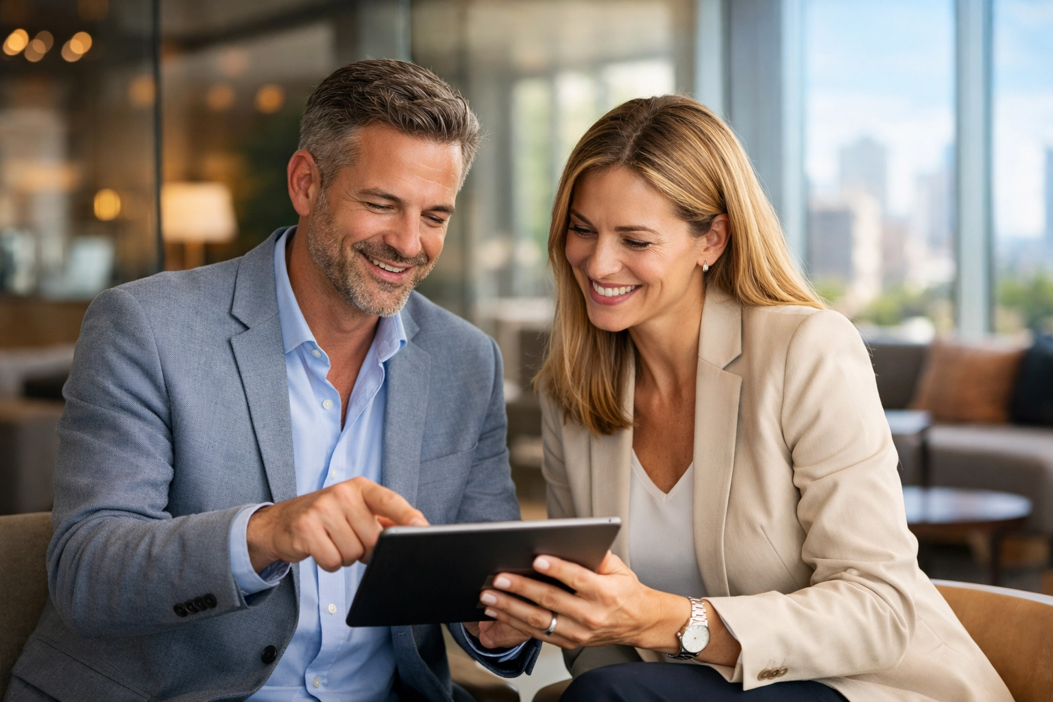 Professional partners discussing strategic sports media and advertising consulting in a modern executive office.