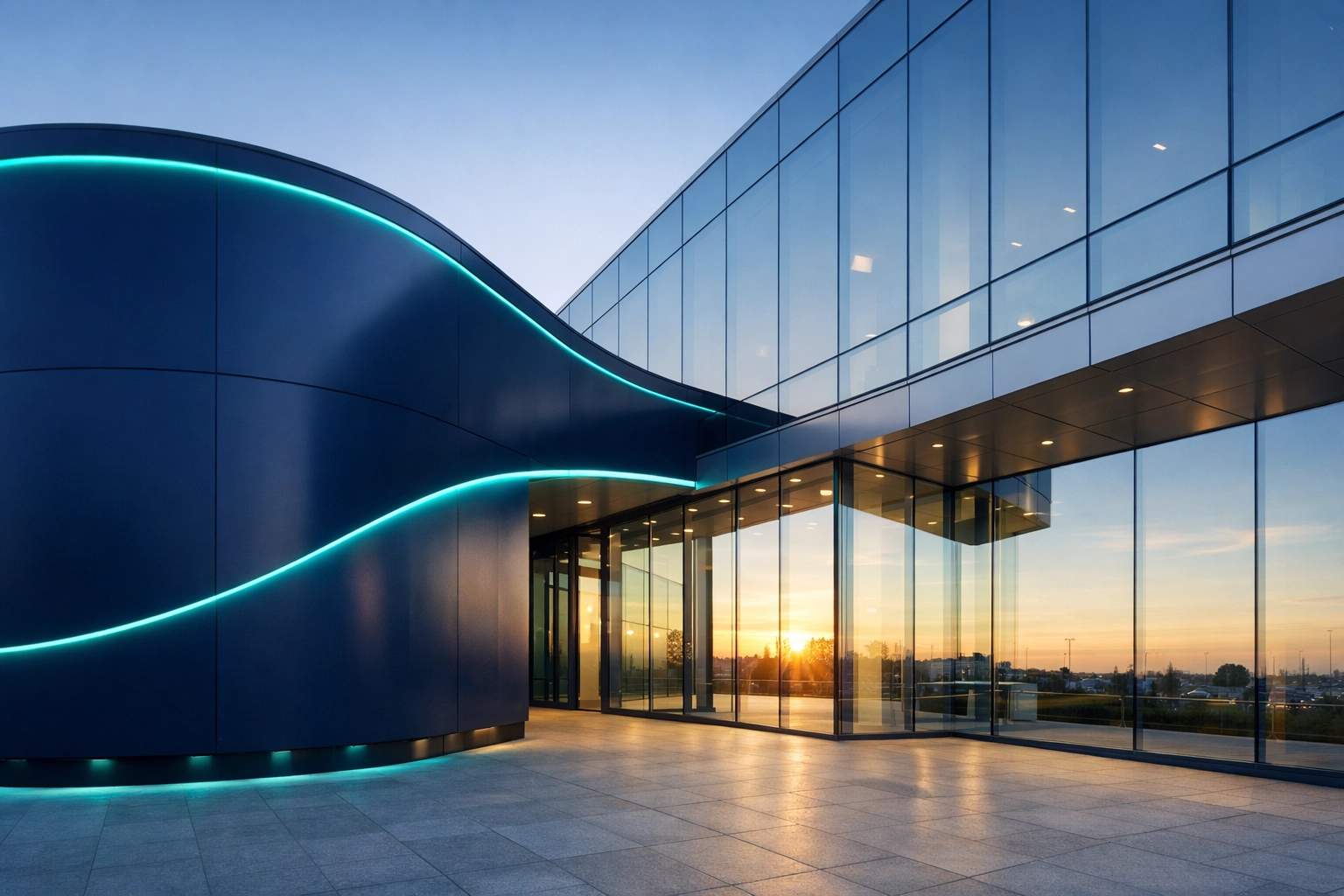 A modern commercial building exterior at sunrise representing business gas network connectivity.