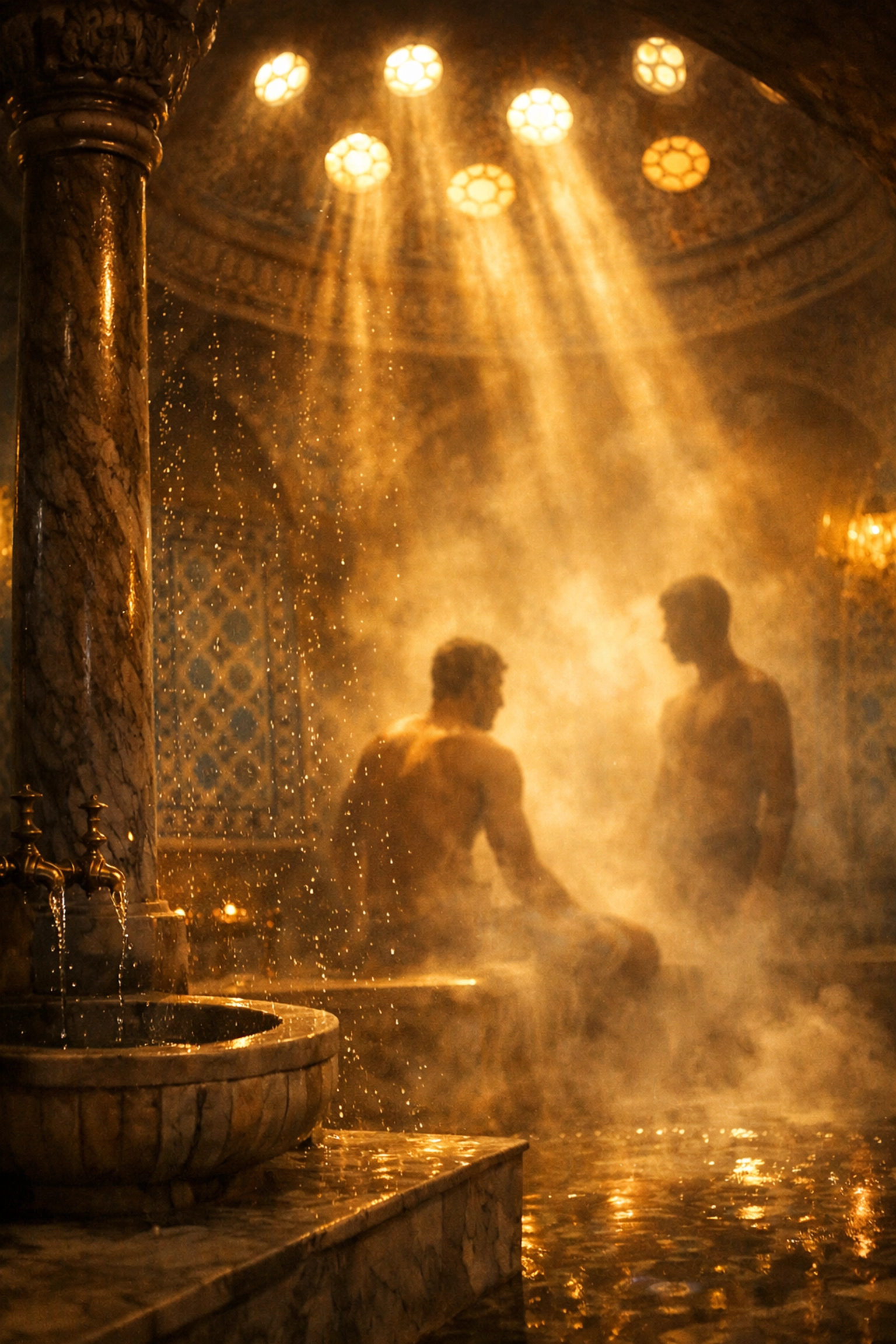 Ottoman hammam bath house scene from historical MM romance - intimate atmosphere