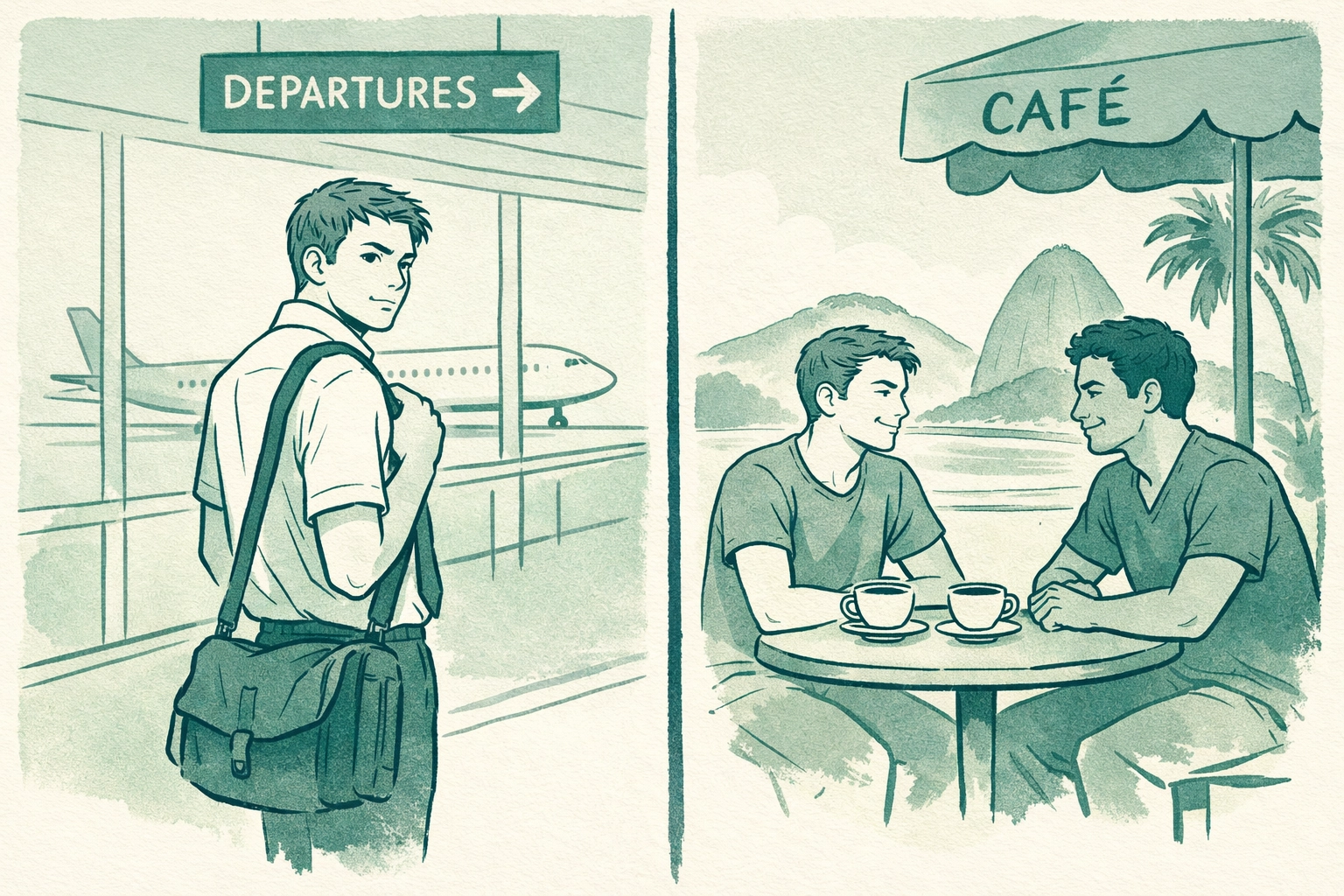 Split scene showing Mormon missionary's choice between traditional life and gay relationship