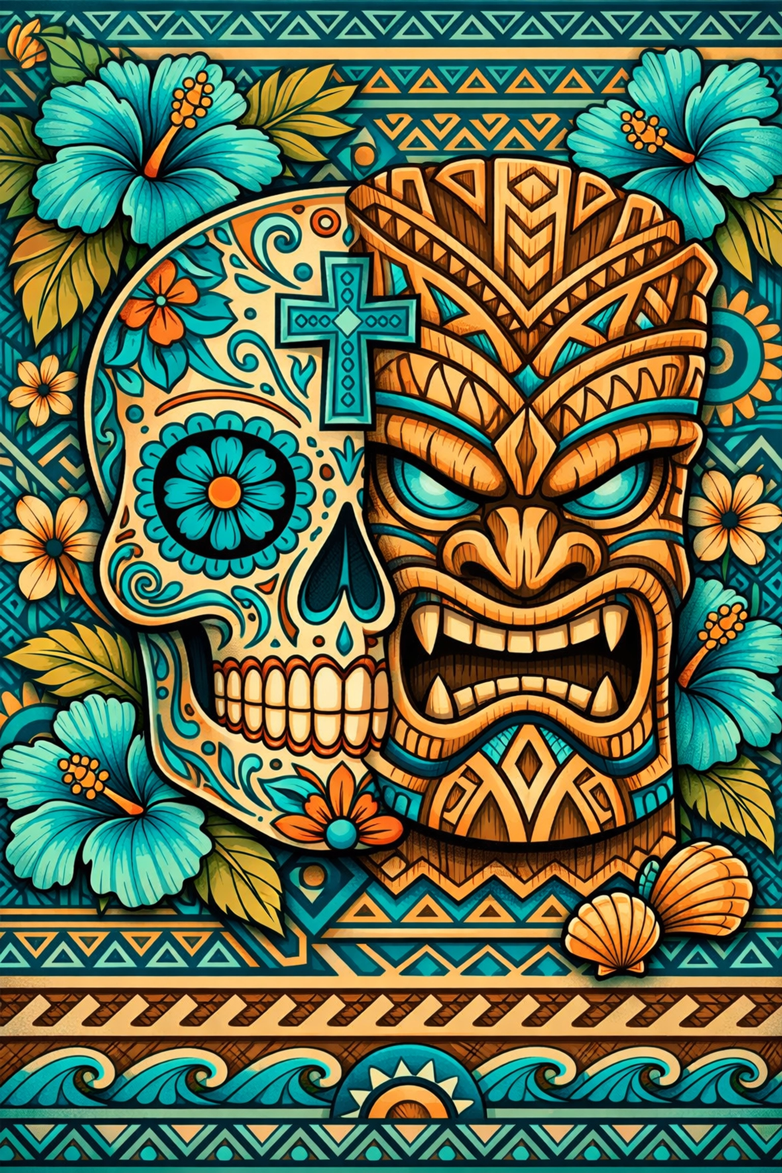 Illustration of a Mexican sugar skull and Polynesian tiki mask representing cultural unity at Talofa Fest.