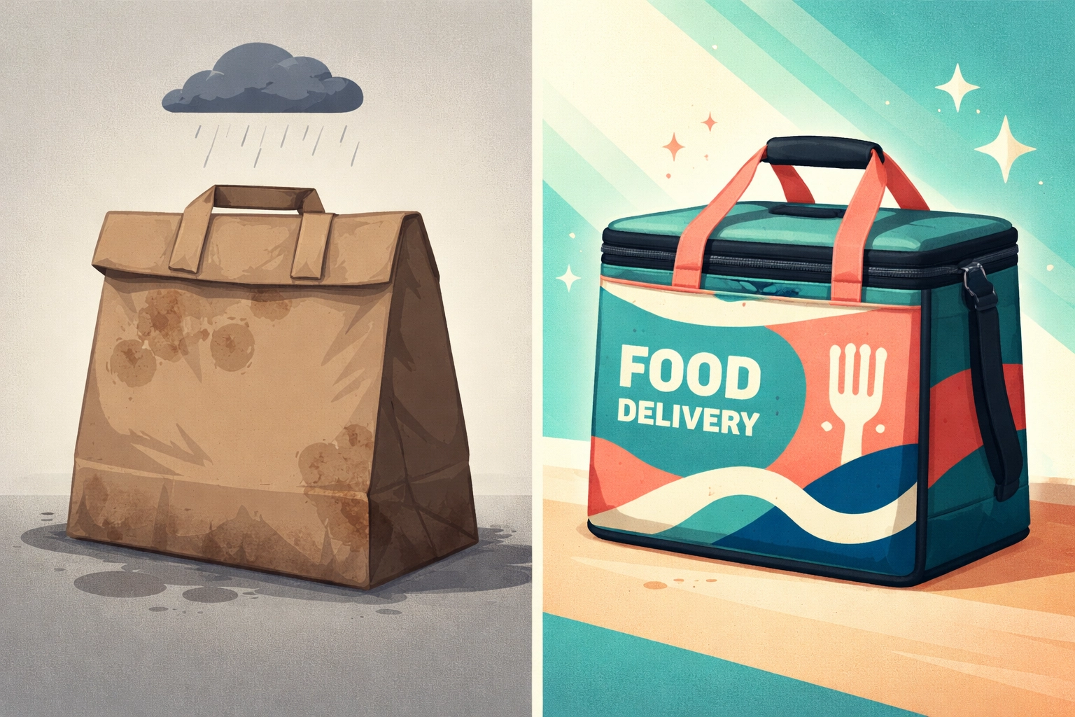 A comparison of generic and branded delivery packaging highlighting the impact of strong virtual brand identity.
