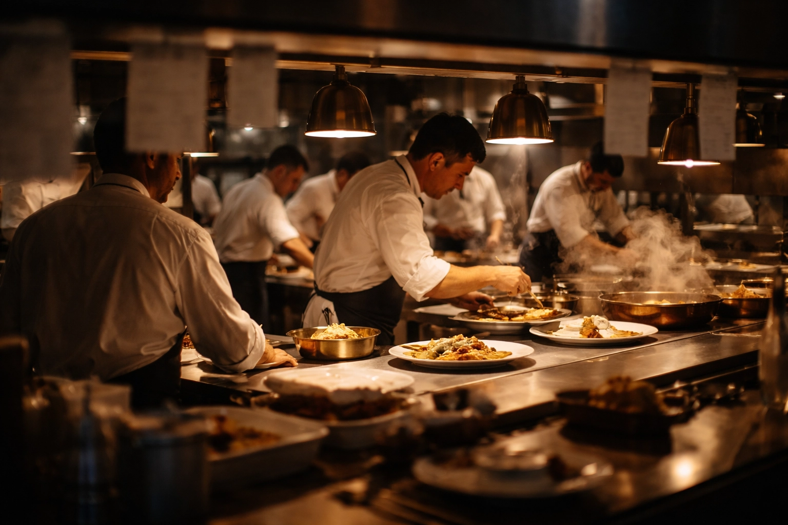 Bustling restaurant kitchen team working together during busy service, representing operational excellence