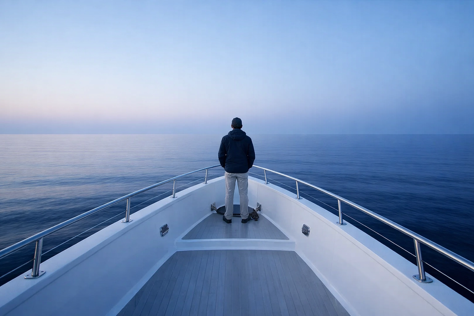 A serene view of the ocean horizon from the bow of a luxury liveaboard at dawn.