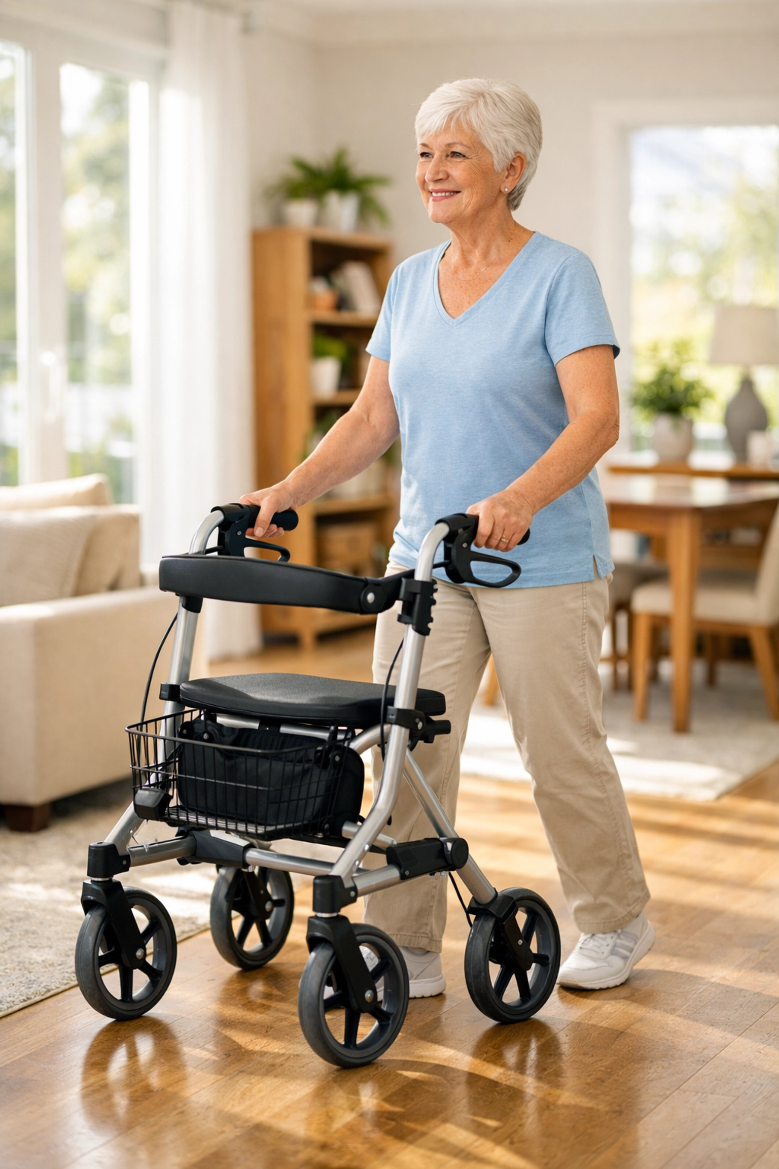 Senior walking upright with walker showing correct balance technique