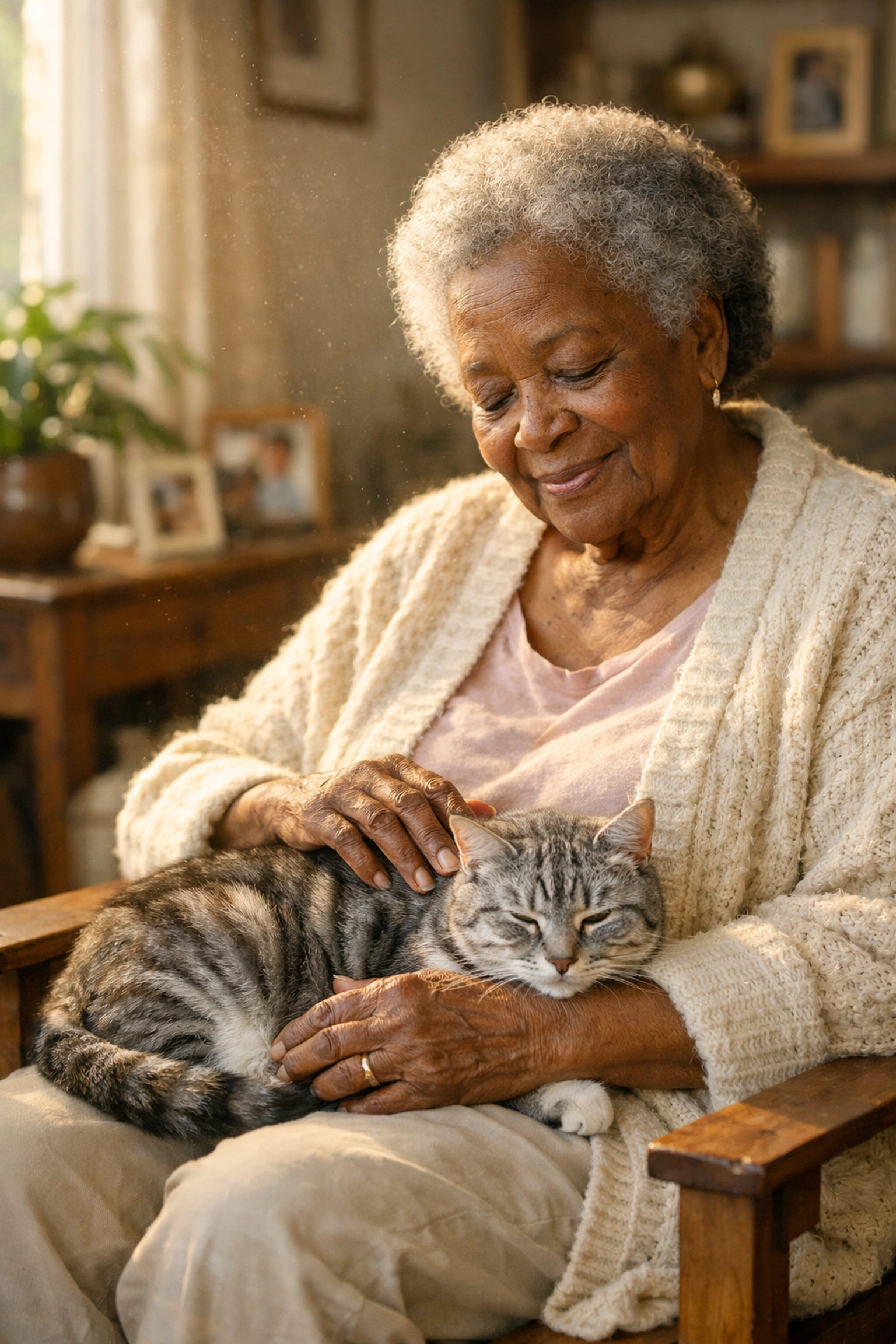 Elderly woman cradling her cat, showing the importance of animal welfare and pet retention in California.