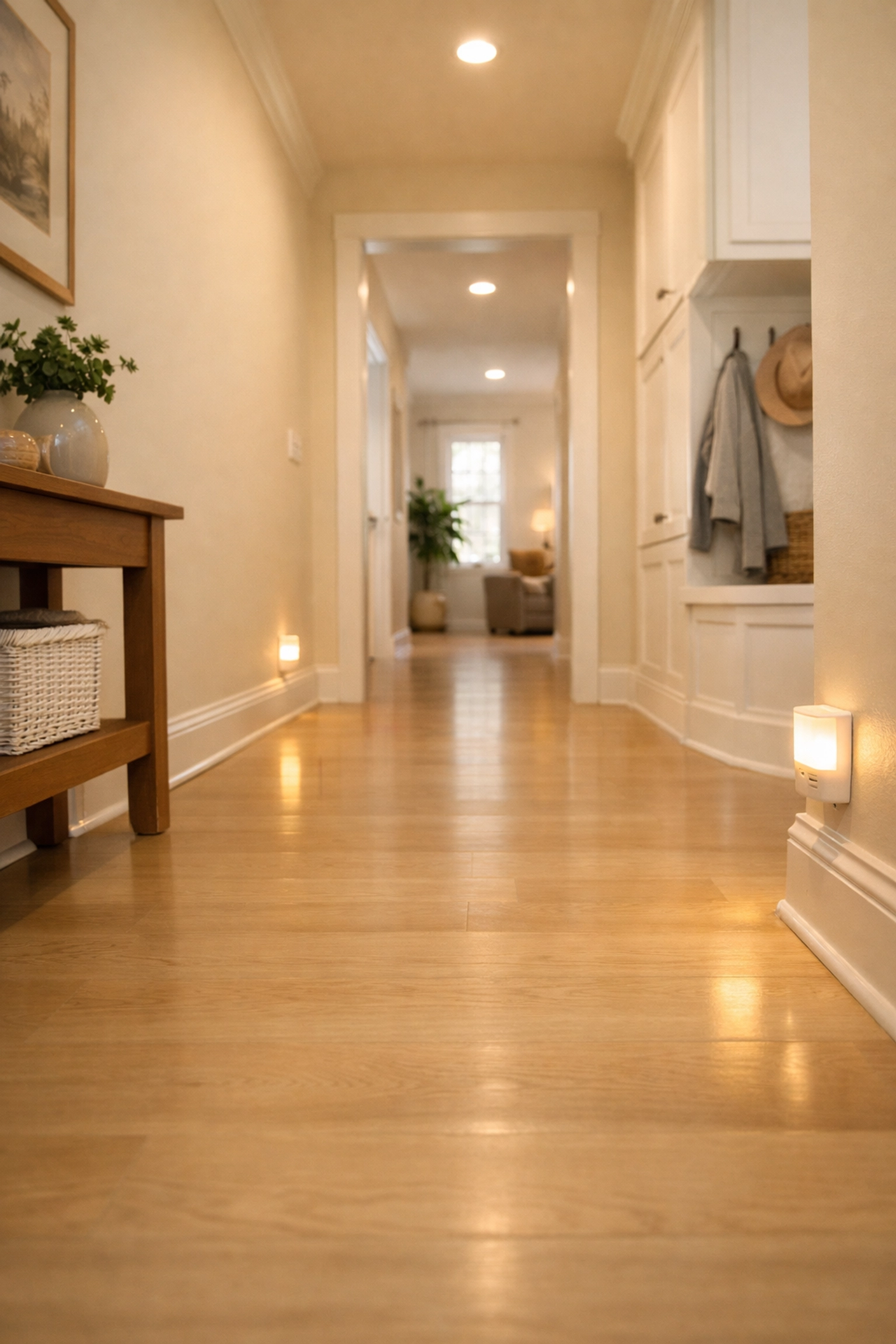 A well-lit, clear hallway with nightlights illustrating a safe home environment for seniors to prevent falls.