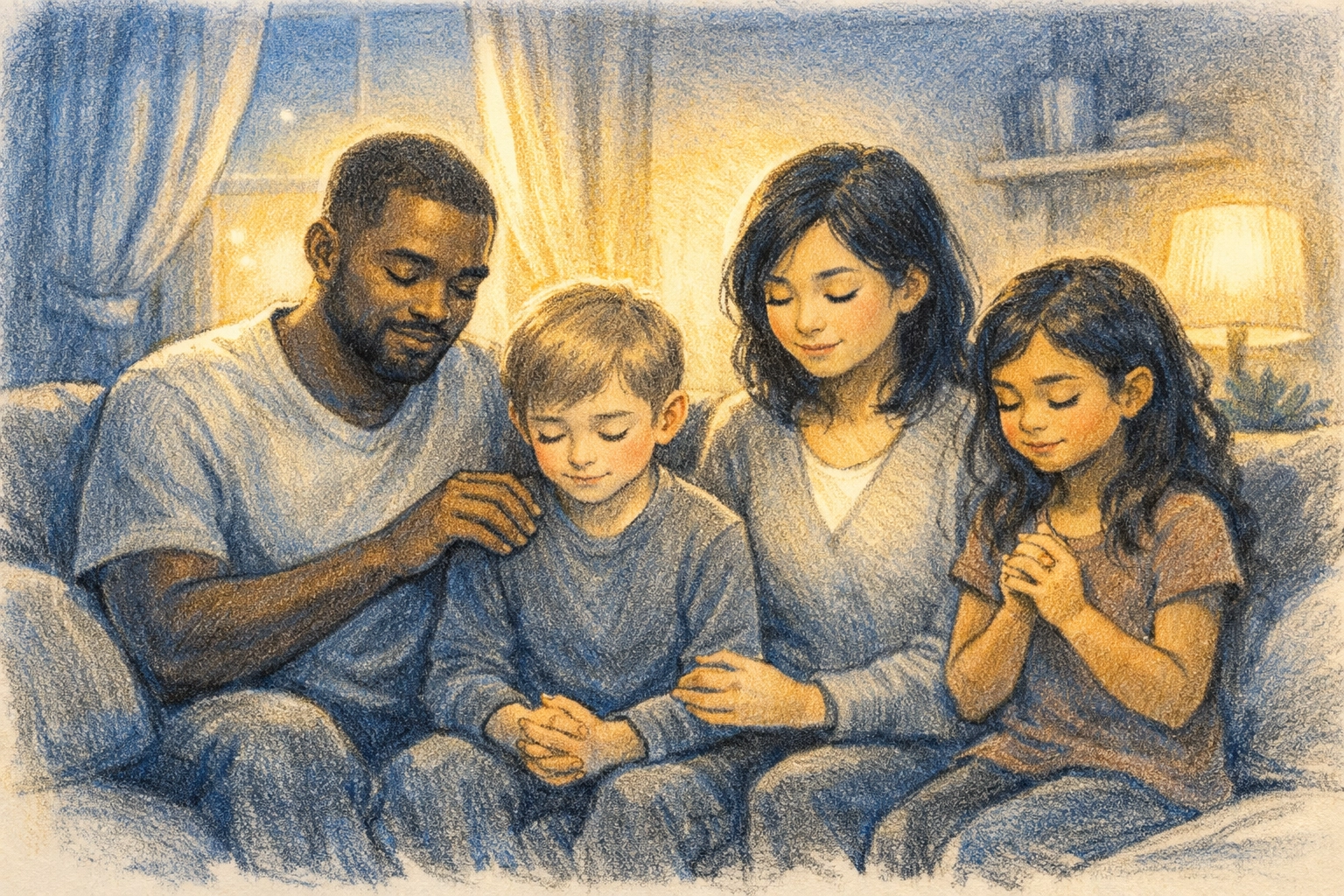 Diverse family praying together during daily devotion time at home