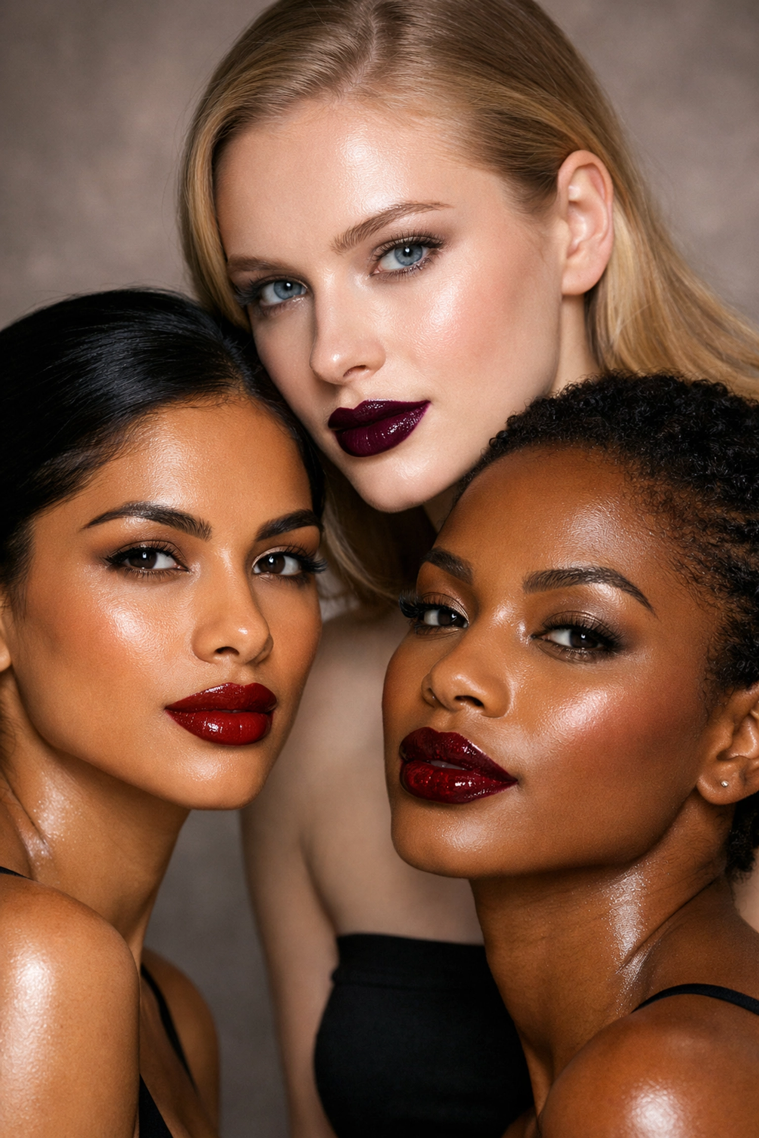 Three women showcasing different vampy lip shades for various skin undertones