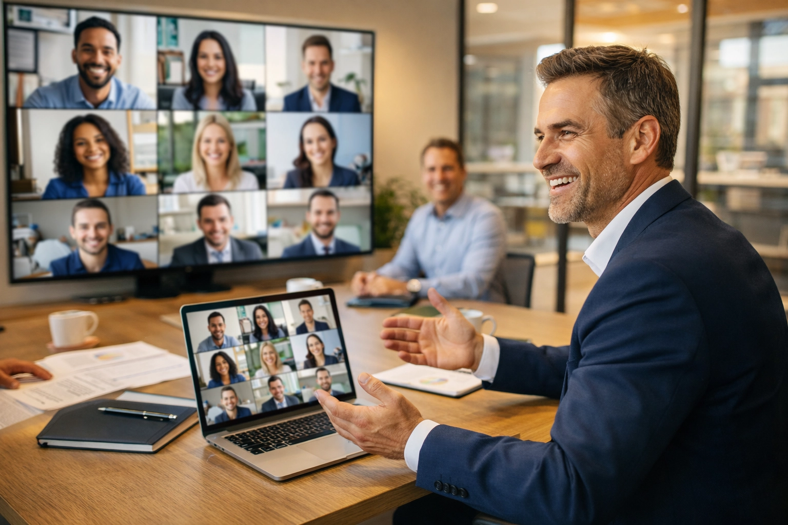 Fractional executive leading remote team meeting from office desk