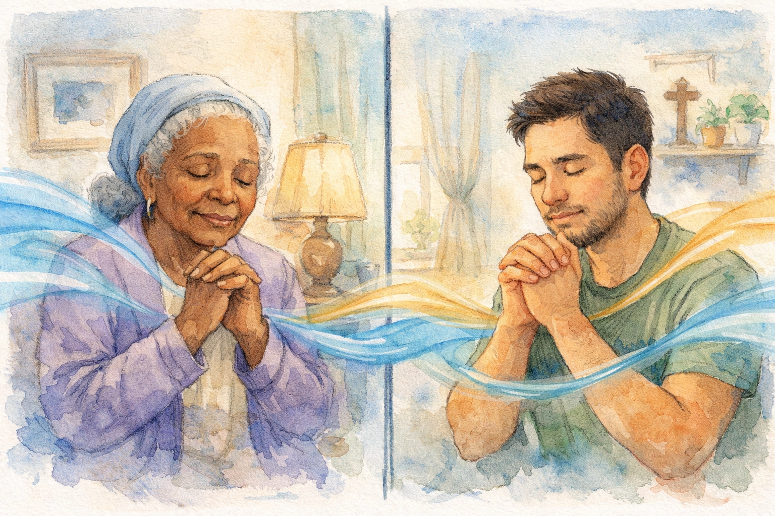 Two people praying together via video call using live translation across different countries