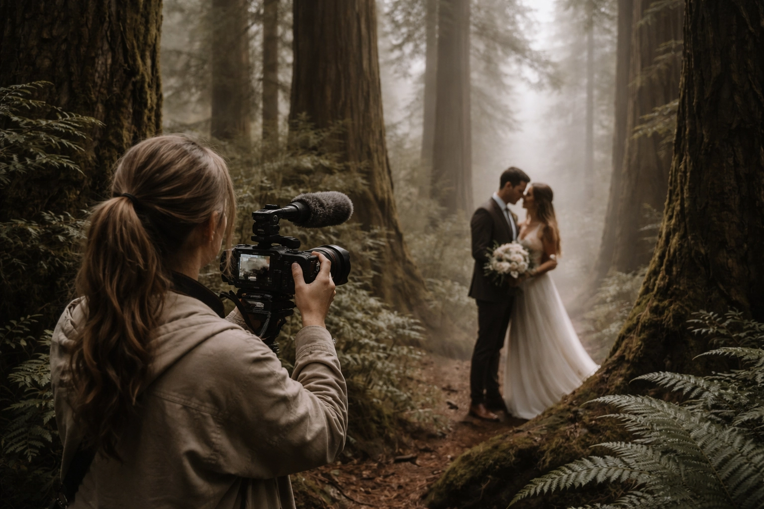 Woman filmmaker capturing an opposite-sex couple in Oregon redwoods surrounded by towering trees and moss