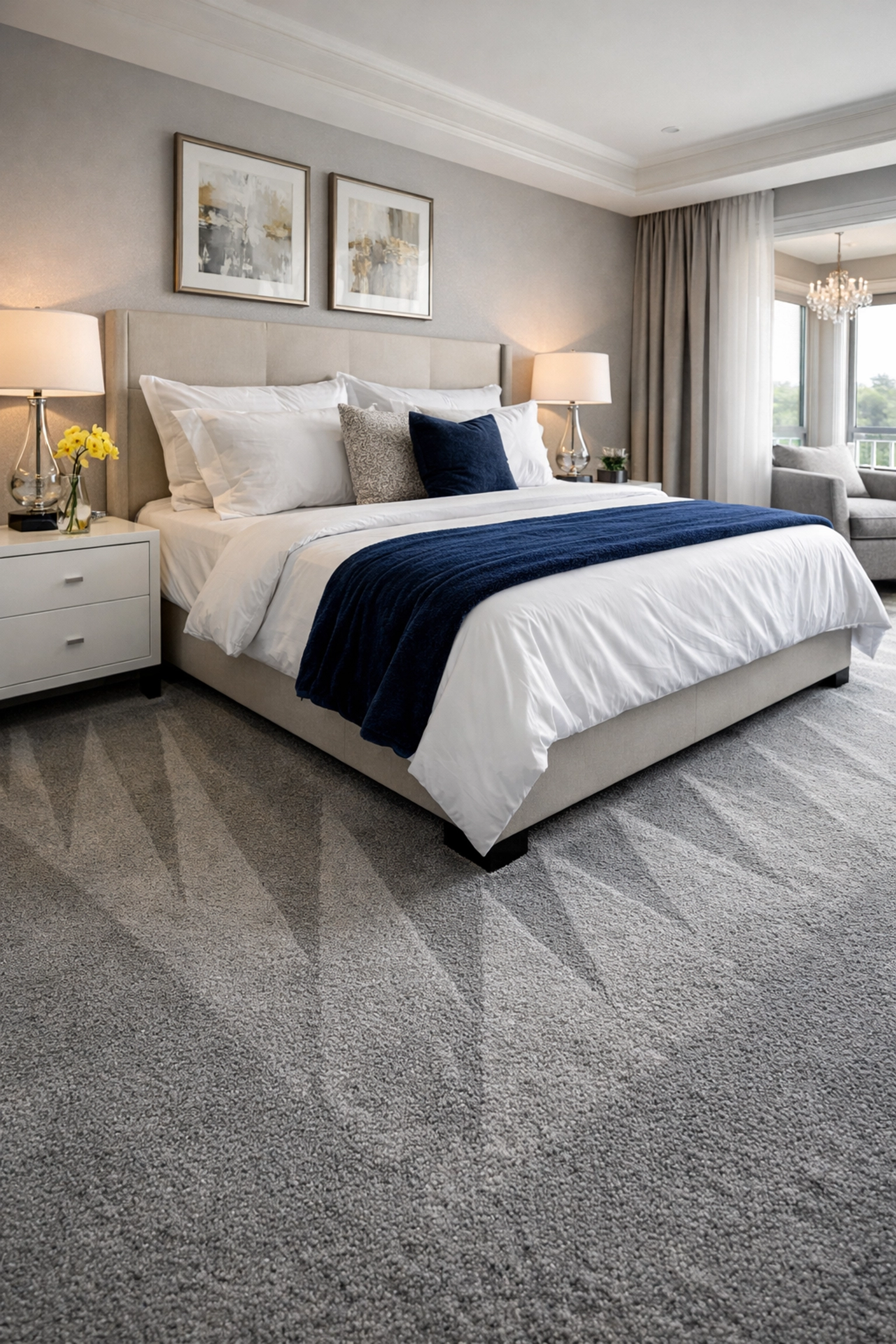 Luxurious master bedroom with vacuumed carpet after a house cleaning in Leominster MA.