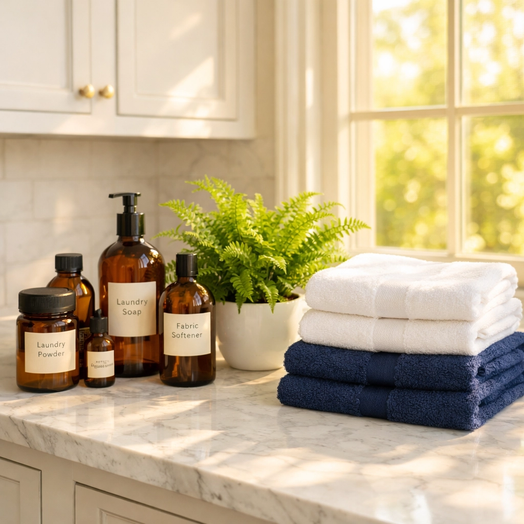 Eco-friendly residential cleaning Massachusetts supplies in a bright, luxury laundry room.