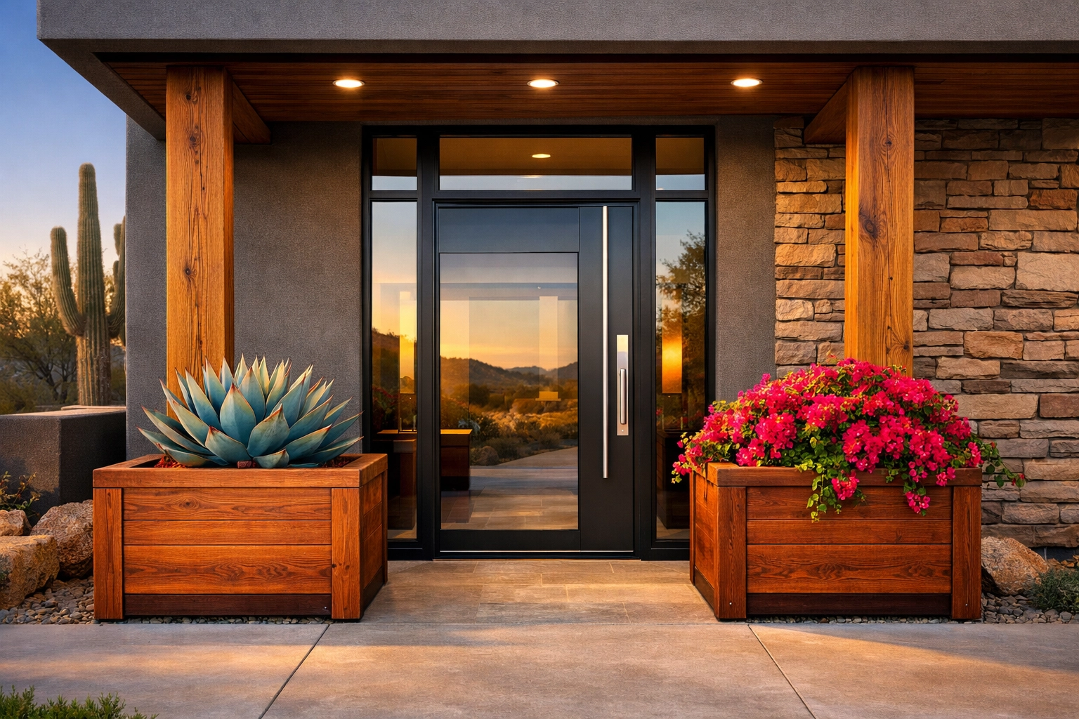 Modern Tucson home entrance featuring two 32-inch Sanctuary planter boxes with drought-tolerant desert plants.
