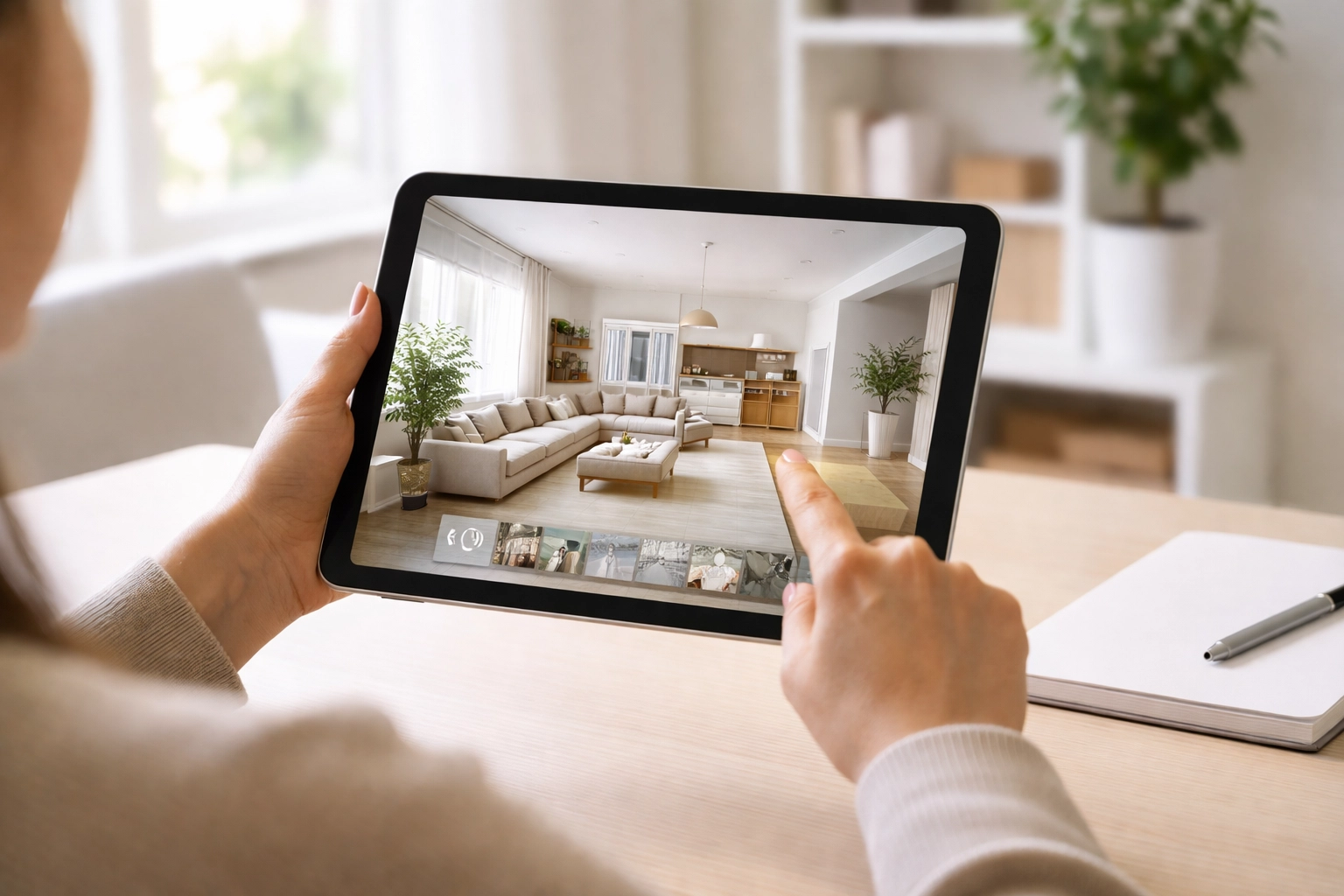 Person viewing a 3D virtual tour of a modern home on a tablet, showcasing Matterport technology for Rhode Island real estate agents