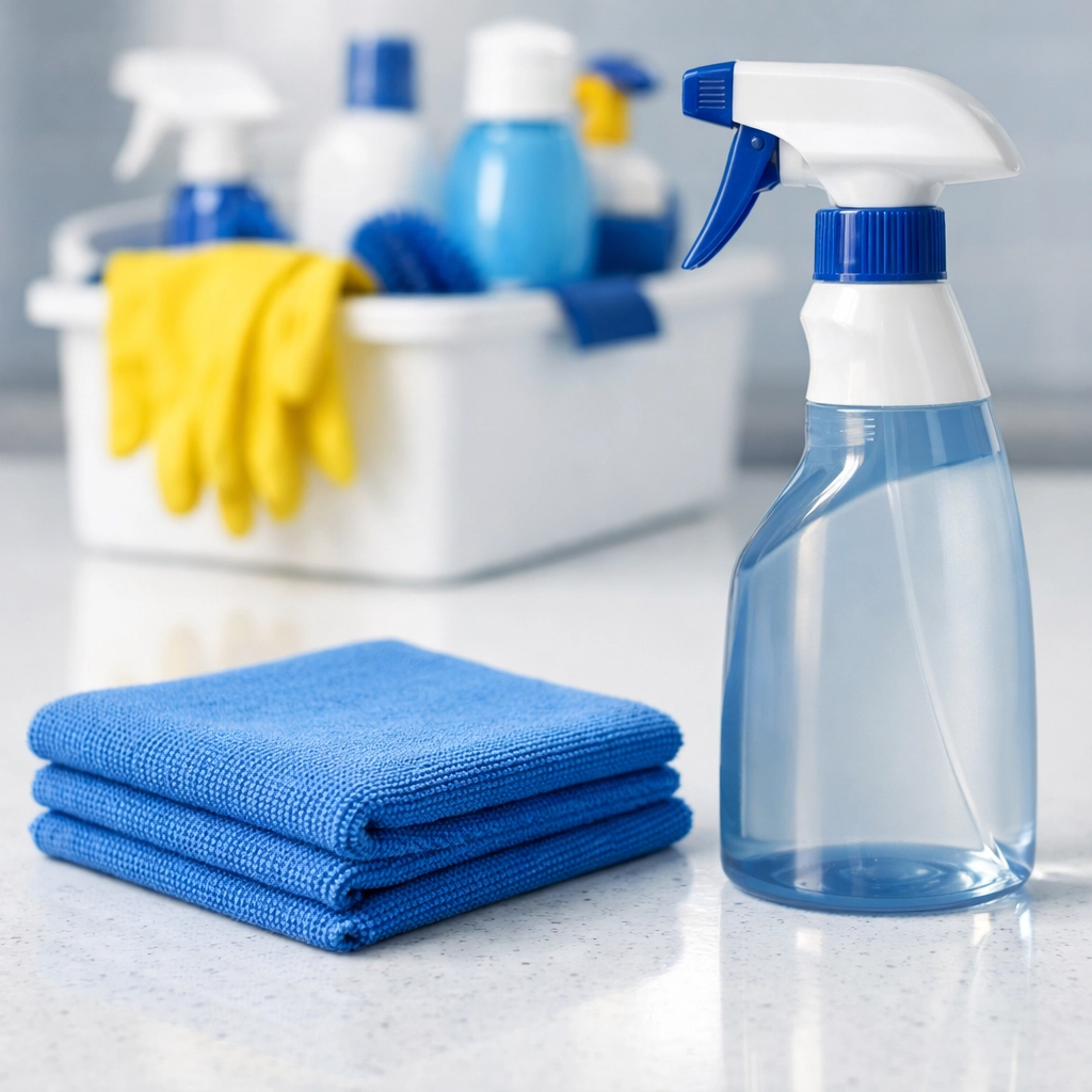 Professional cleaning supplies and microfiber cloth ready for deep house cleaning Ashby MA.