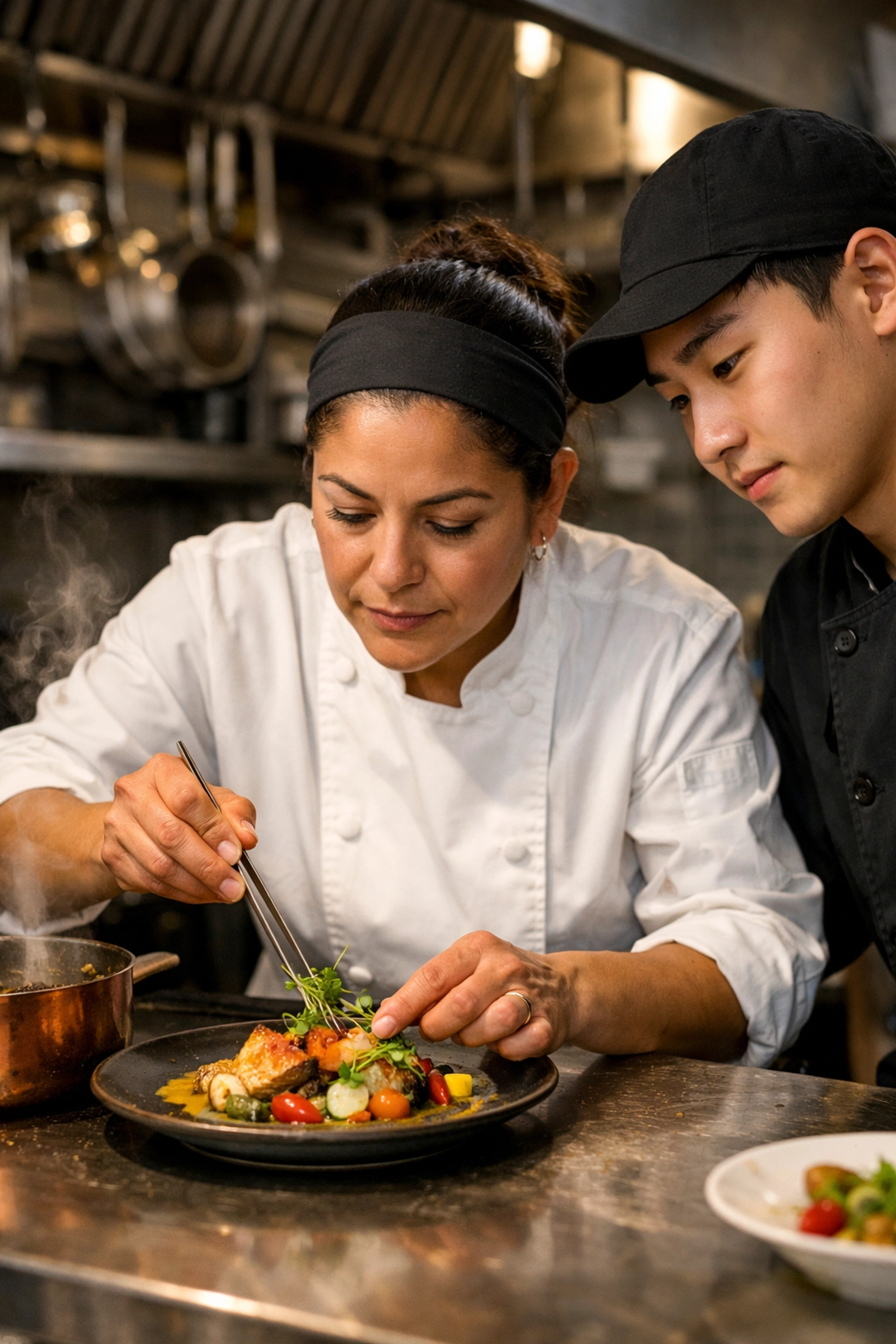 Latina head chef plating an award-caliber dish, illustrating the James Beard Awards business impact on kitchen standards.