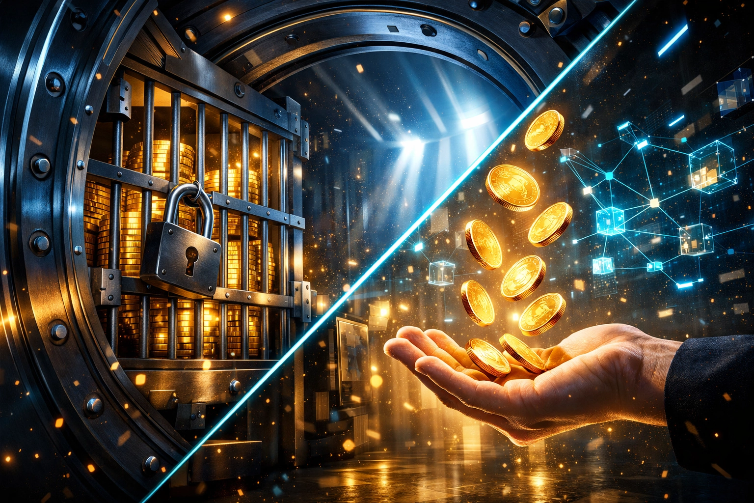 Self-custody crypto vault showing merchant control versus custodial locked funds in Web3 payments