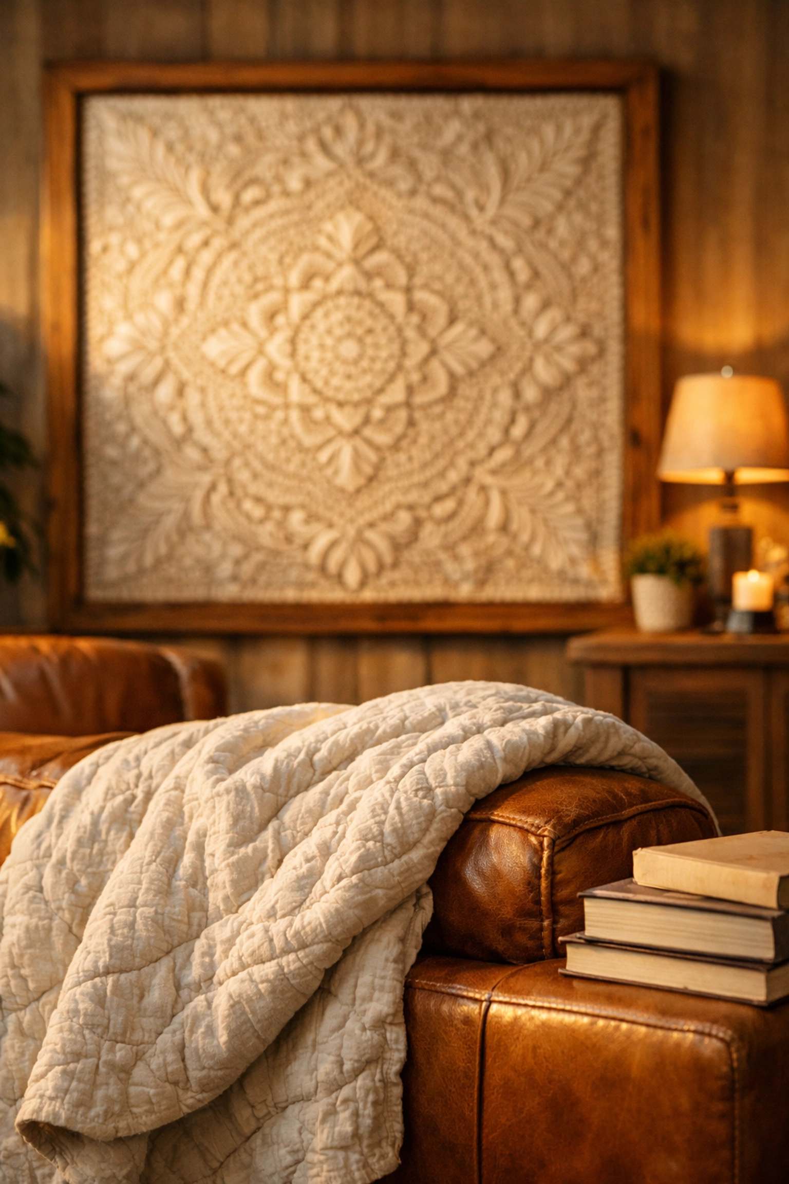 Comparison of a soft edge-to-edge throw quilt on a sofa and a custom quilted wall hanging.