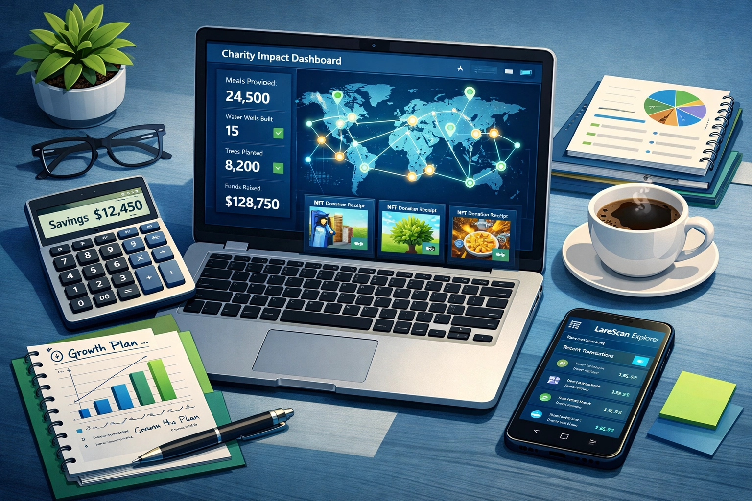 Merchant dashboard showing real-time charity impact metrics and blockchain transaction tracking