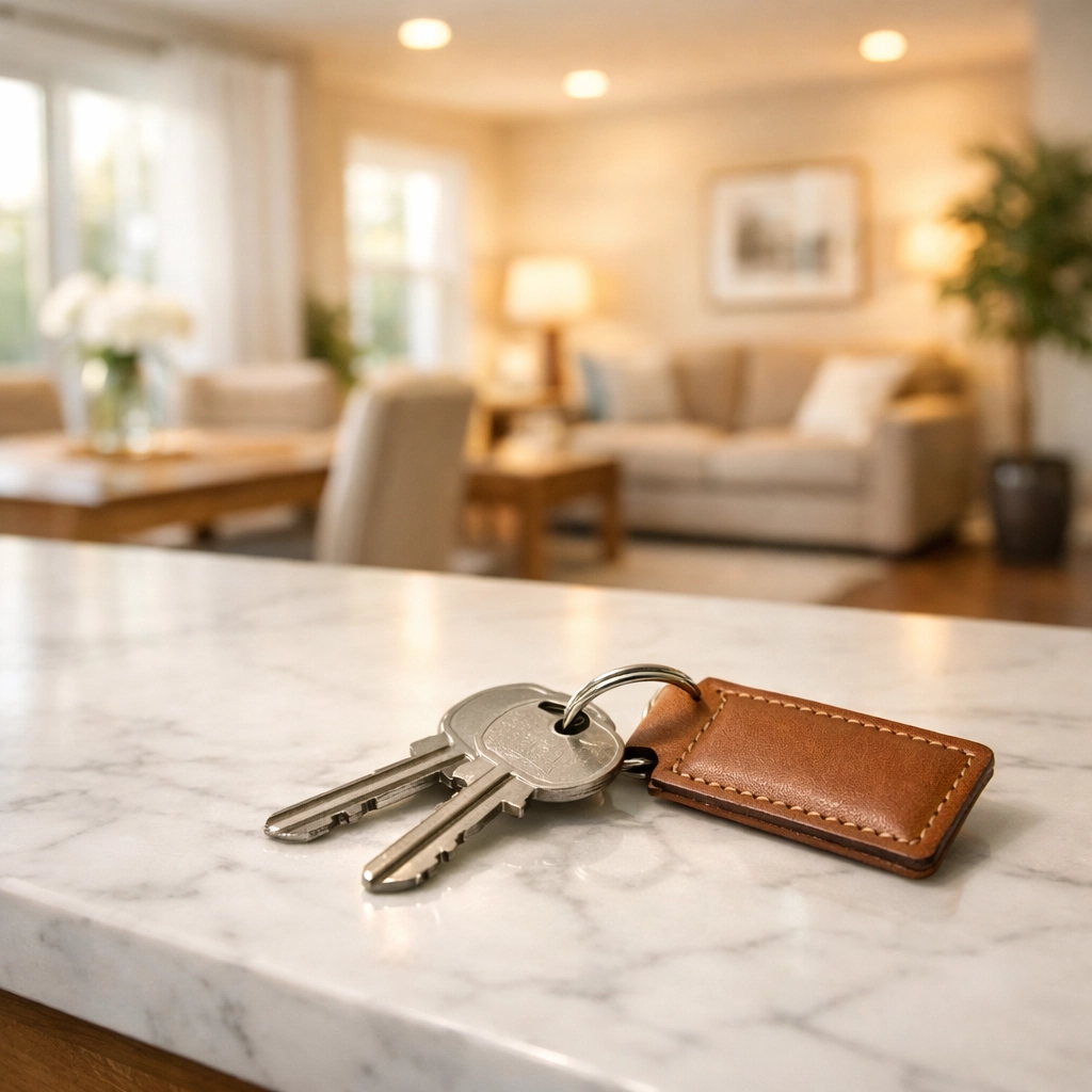 Apartment keys on a clean marble countertop representing a move-in ready Midwest rental property.